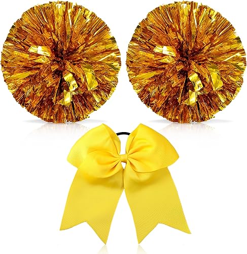 3 pompones de animadora y lazo grande para el pelo de animadora para niña, pompones metálicos de animadora de 12.6 pulgadas para bailar sóftbol