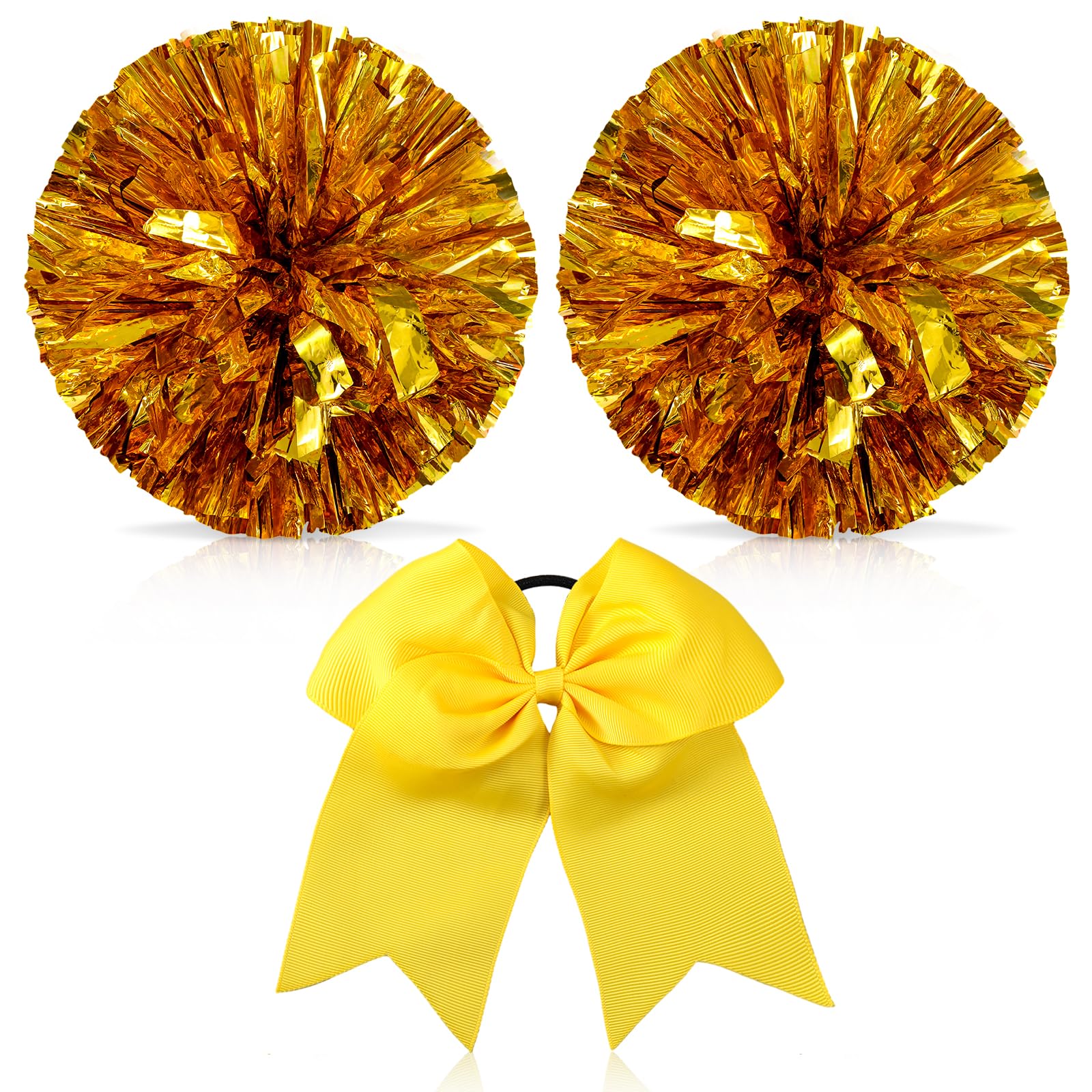 Hanaive 3 Pcs Cheerleading Pom Poms and Large Cheerleader Hair Bow Metallic Cheer Supplies for Team Spirit Sports Dance Cheering