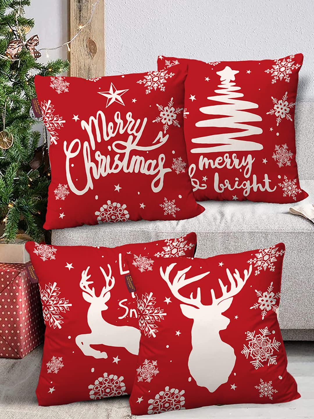 AEROHAVEN Set of 4 Merry Christmas Decorative Throw 200 TC Pillow/Cushion Covers - CC219 - (16 X 16 Inch, Red)
