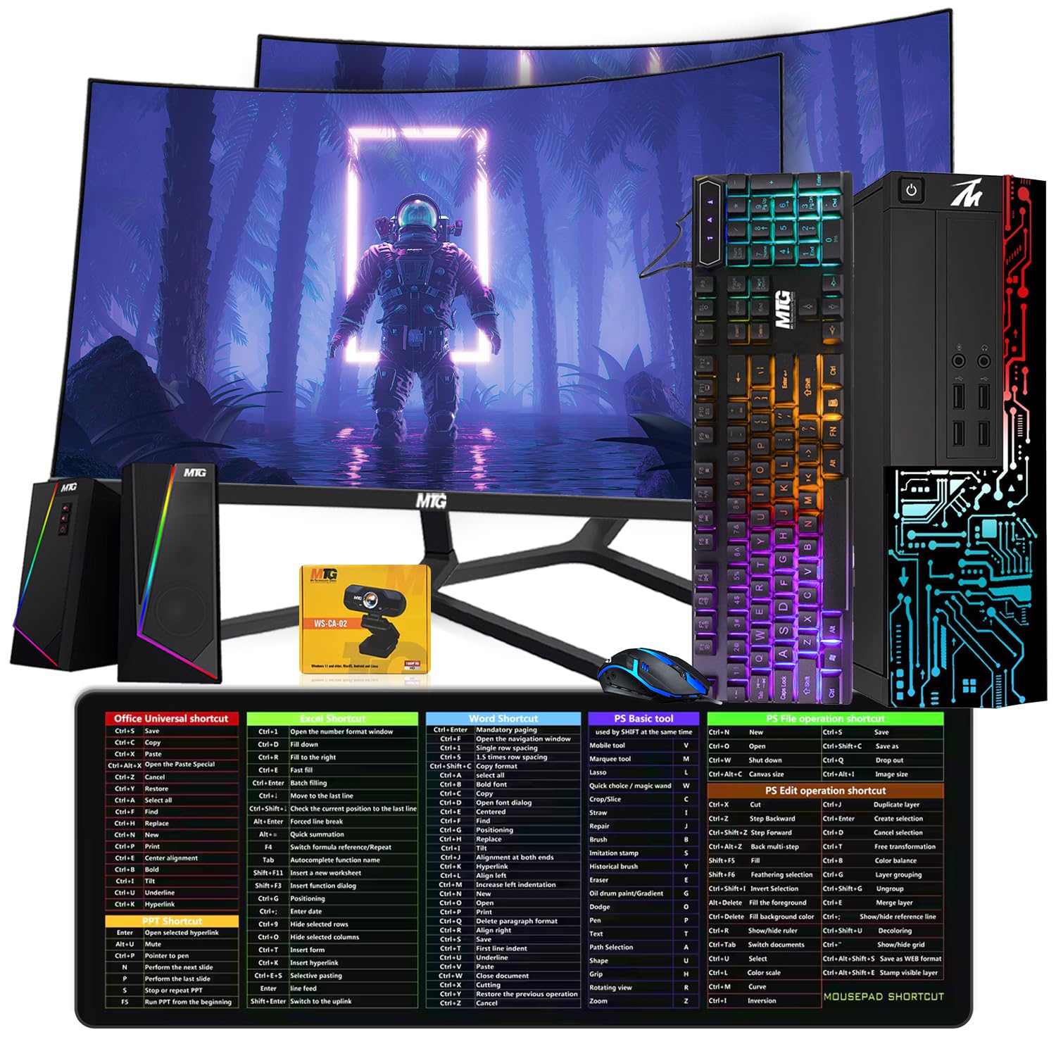 TechMagnet Computer Desktop PC, Core i7, Siwa 8, 16GB RAM, 128GB SSD, Dual 24 Inch Curved Monitor, RGB Keyboard Mouse, XL Cheatsheet Desk Pad, RGB Speaker, Webcam, Win 11 (Renewed)