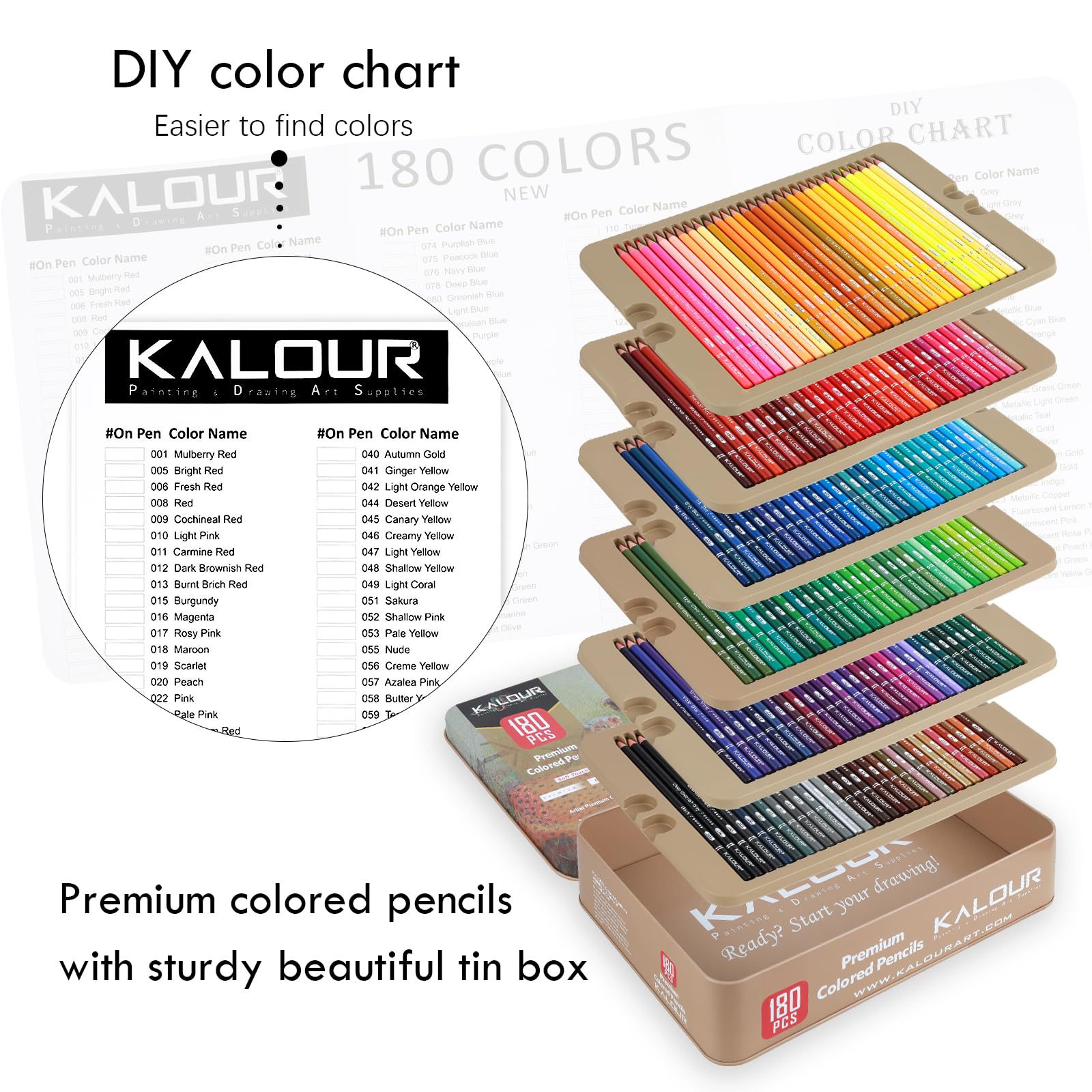 KALOUR PDAS Lot de 180 crayons de couleur pour adultes et artistes, pigments riches et souples, 15 métalliques, 6 fluo, idéal pour le coloriage, le dessin, les croquis,