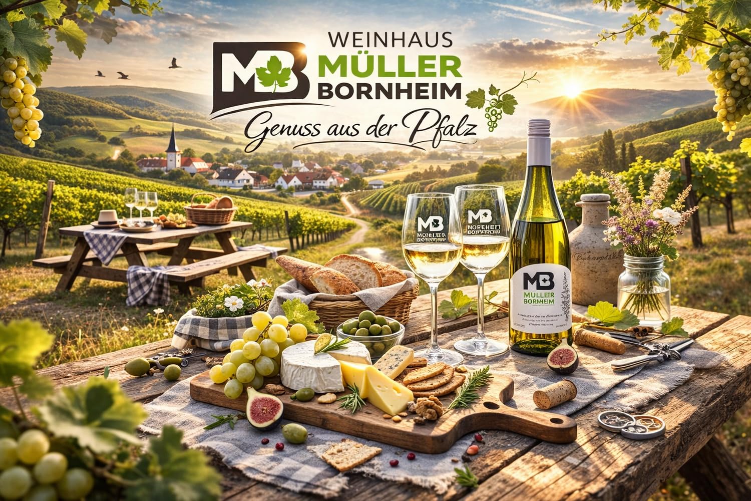 Weinhaus Müller Bornheim Müller-Thurgau Halbtrocken - 12x1L Weißwein Pfalz | Deutscher Qualitätswein direkt vom Winzer - ideal für Weinschorle oder Grillabende - fruchtig mit dezenter Restsüße