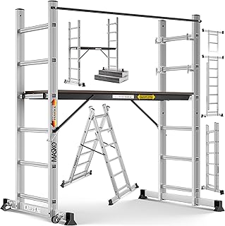MASKO® Andaime, Andaime ✓ Alumínio ✓ Escada ✓ Plataforma de Trabalho, Capacidade de Carga até 150 KG, Revestimento Antiderrapante, Escada de andaime, Comprovado GS (EN 131), Prata