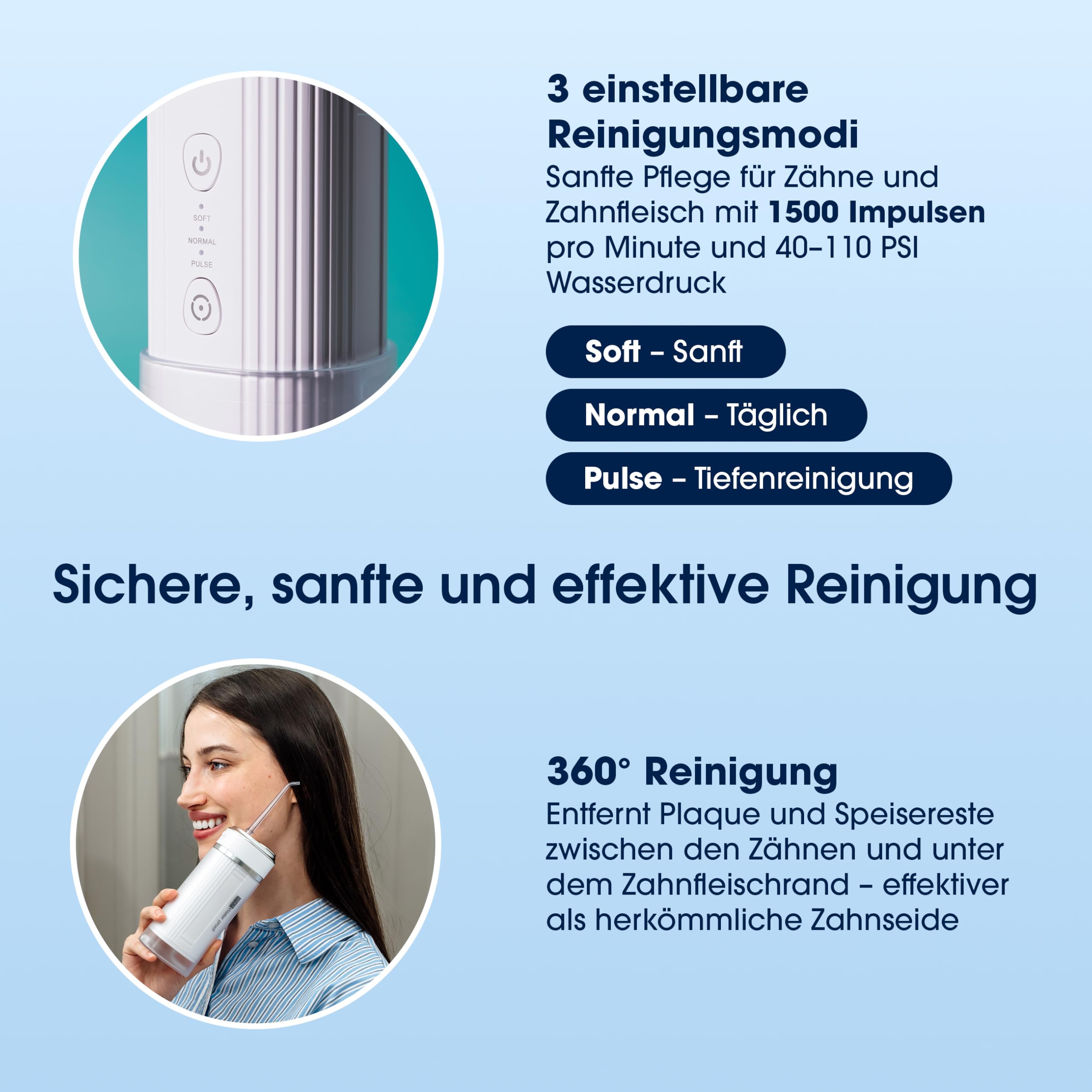 ZENT Munddusche kabellos Water Flosser mit 3 Aufsätzen Rosa | Die Munddusche bietet 360°-Rotationstechnologie, einstellbaren Wasserdruck, IPX7 Schutz und Zahnsteinentferner