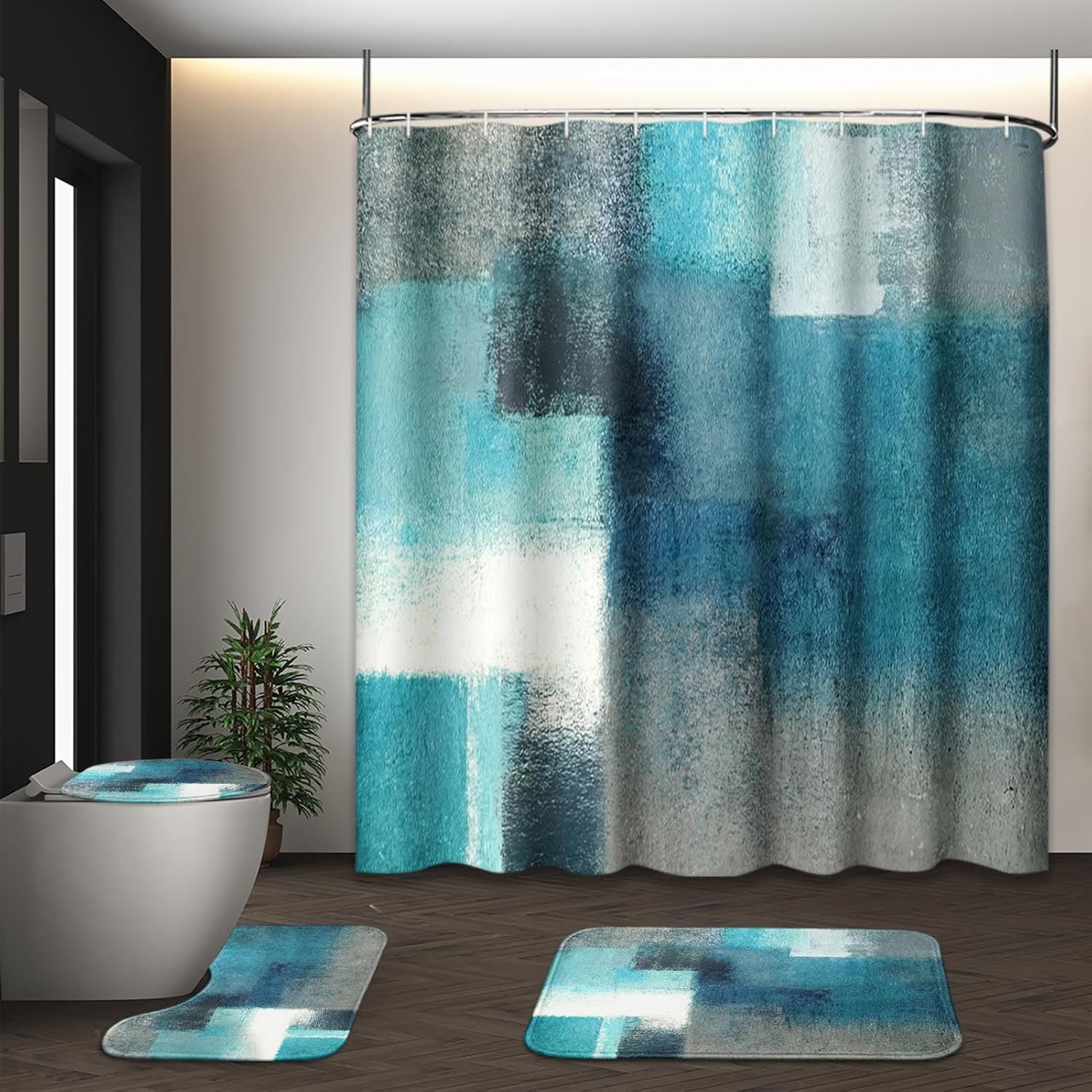 Family Home Motivational Shower Curtain Set with Toilet Lid Cover and Non-Slip Rugs for Bathroom, Grey White Abstract Painting Art 4 Pcs Shower Curtain, Modern Bathroom Set with 12 Hooks