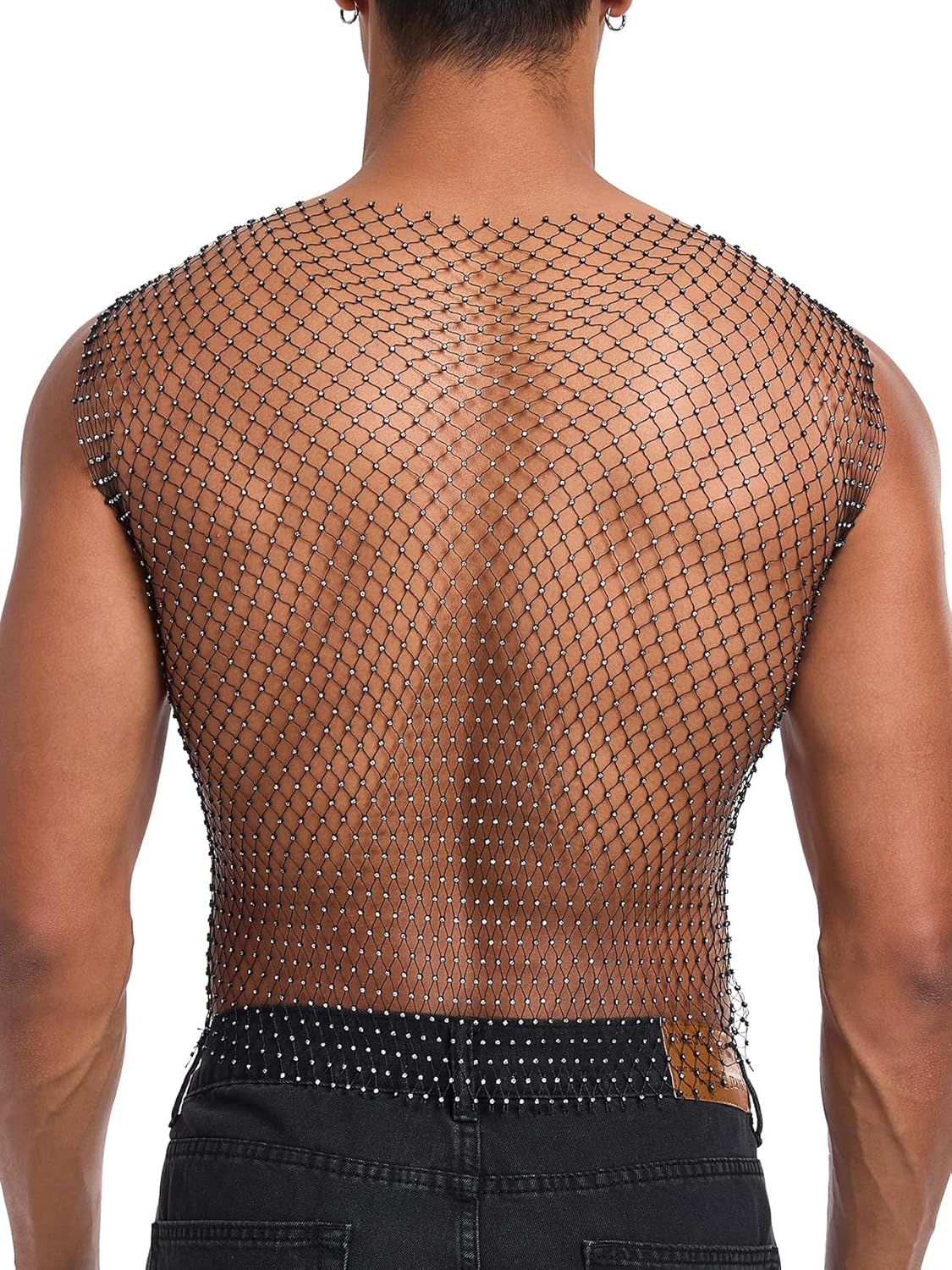 CYCLAMEN Rhinestone Mens Tank Tops Fishnet Sparkly Diamond Sleeveless Shirt See Through Festival Sexy Outfits Rave Party - Image 2