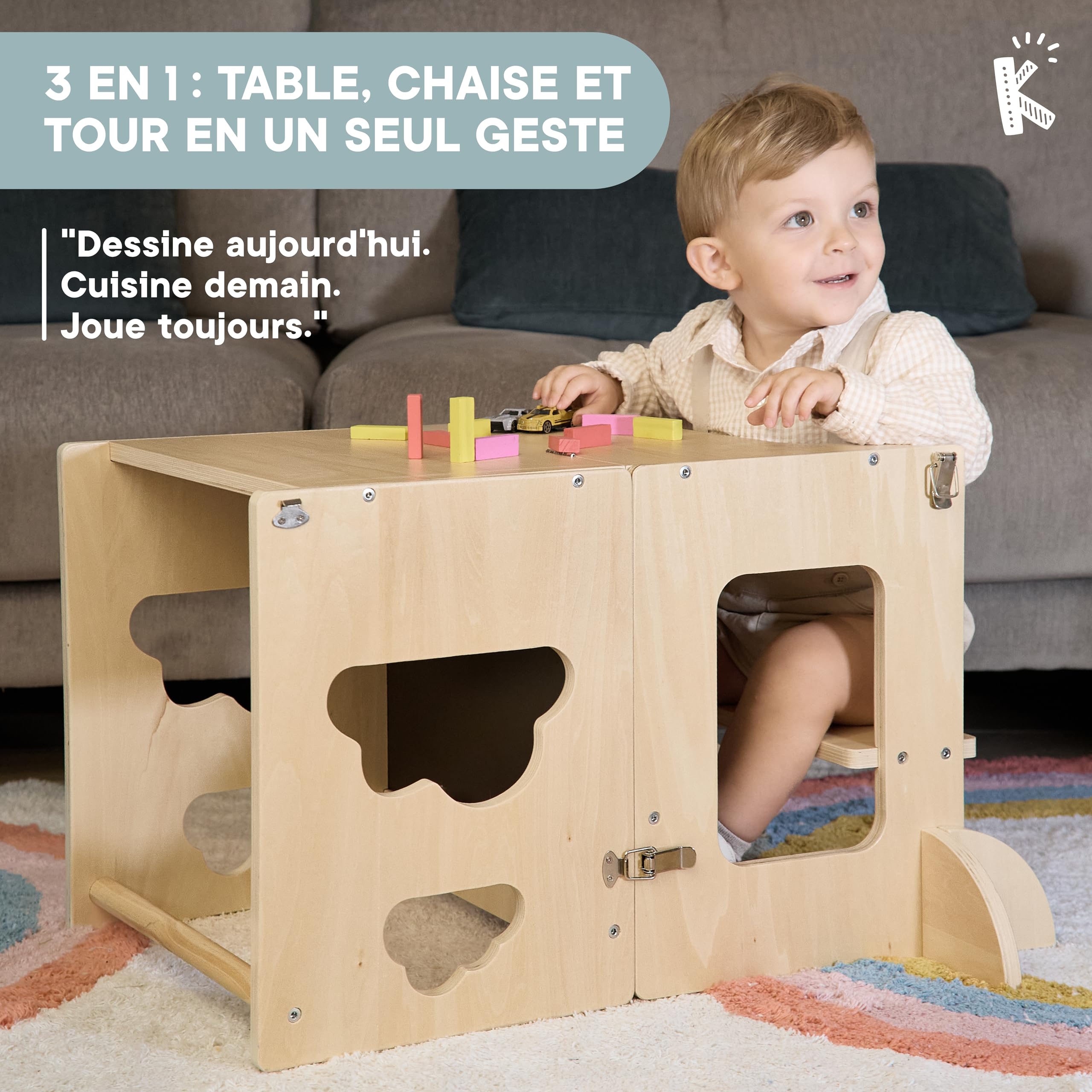 Tour d'observation enfant Montessori pliable 3 en 1 convertible en bureau avec ardoise, bois FSC