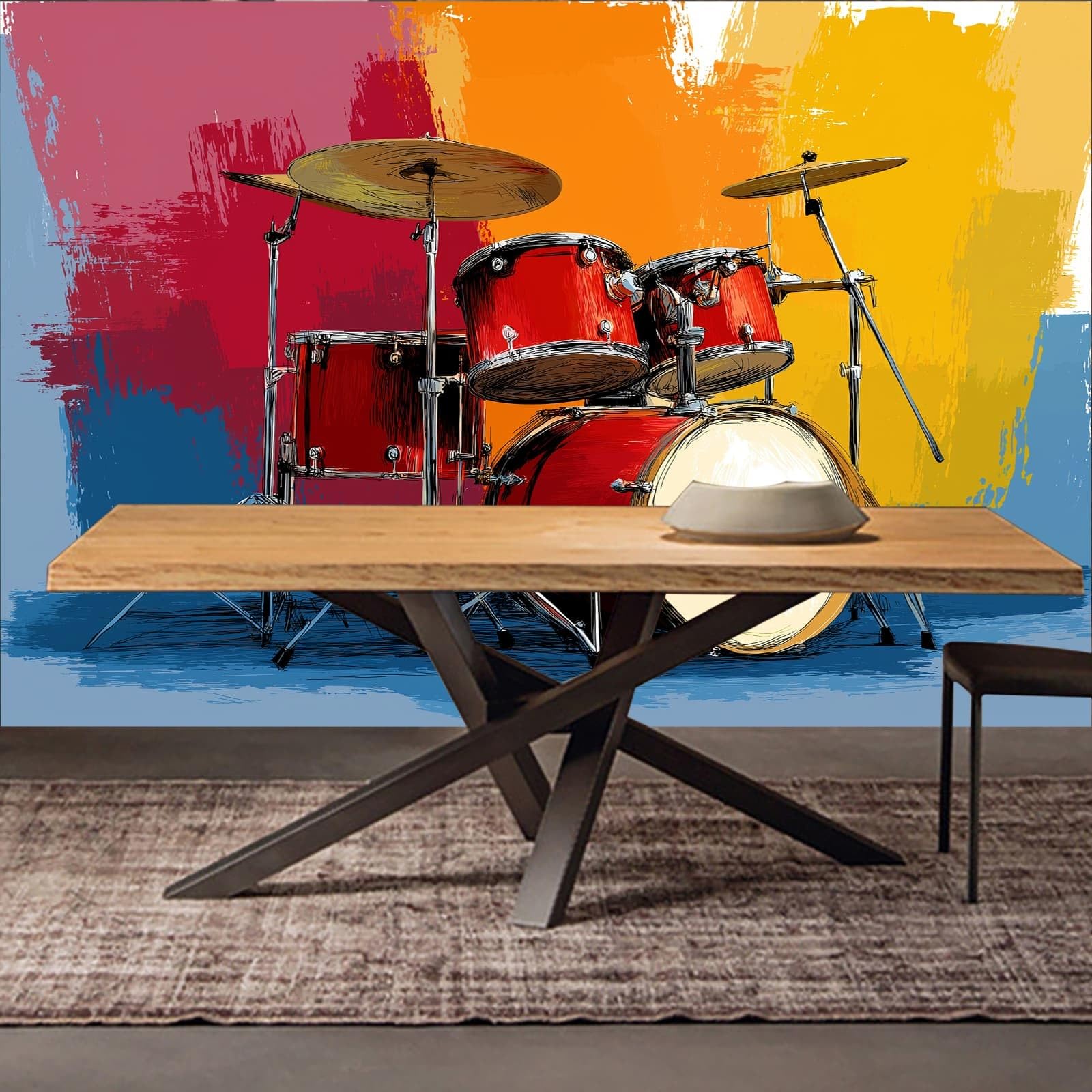 Papel pintado panorámico Dibujos Animados Música Batería, papel pintado estilo pintor extraíble - mural fácil de colocar - Decoración de pared para sala de estar, dormitorio infantil, 350 x 256 cm (L