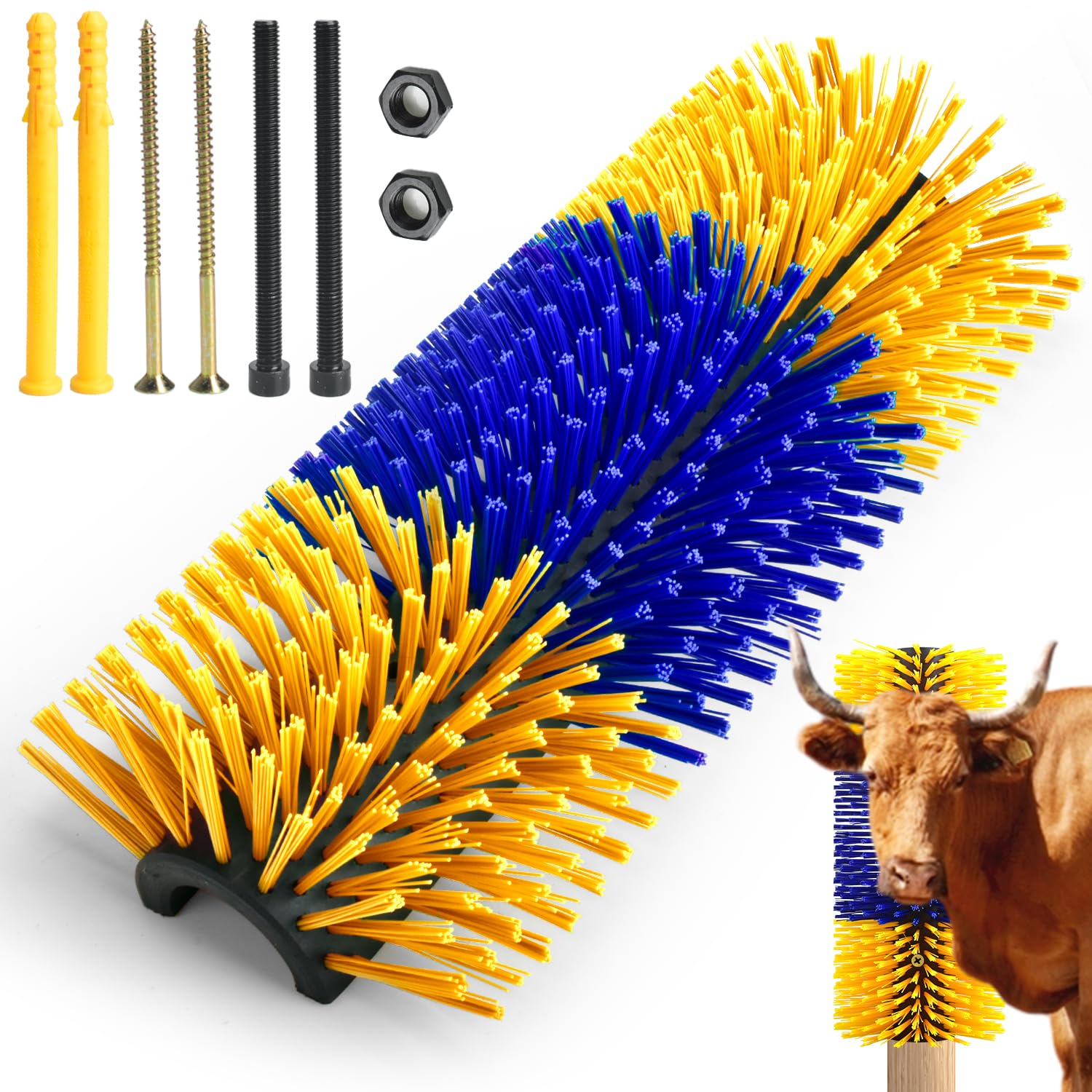 CONLI Kratzbürste für Nutztiere mit 4 Schrauben, Pferdepflegebürsten-Set, Kuhkratzer, Pferde-Kratzbaum für Kuh, Ziege, Rinder, Schaf, Schwein, Vollmassage, Gelb + Blau, 1 Stück