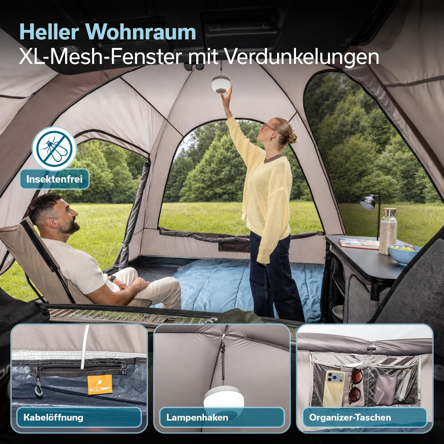 Skandika Heckzelt Pitea SUV Protect | 4 Personen, recyceltes Zeltmaterial, freistehend, eingenähter Zeltboden, 2,2 m Stehhöhe, Fenster, 5000 mm Wassersäule, Moskitonetze, 3 x 3 m | für Auto, SUV, Bus