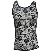 Mens Floral Lace Fitted Muscle Tank Tops Mesh Transparent Workout Vest Tshirt Underwear