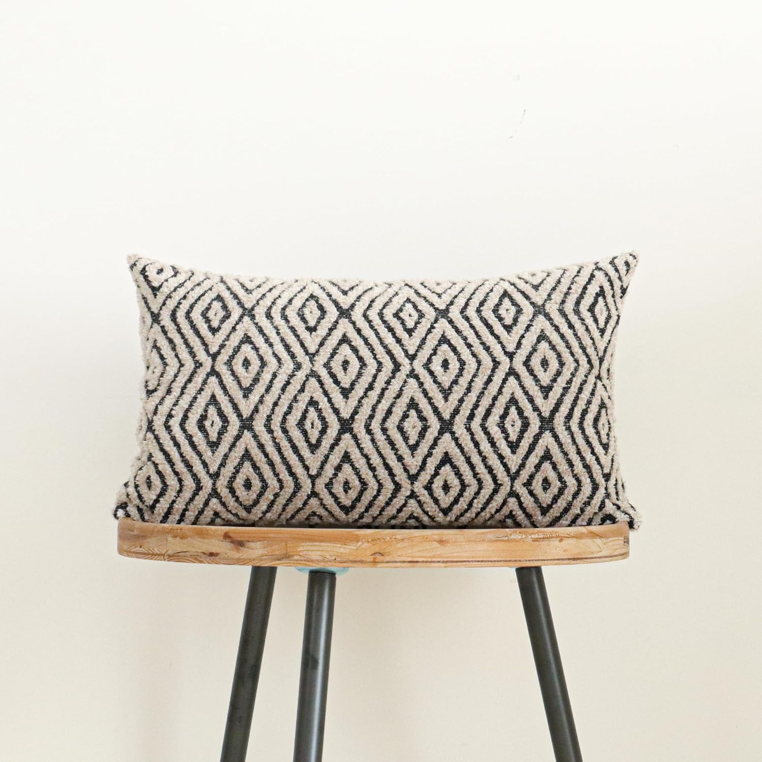 Jonhier Black White Boho Lumbar Throw Pillow Cover, Neutral Textured Geometric Rhombic Pattern Pillowcase, Farmhouse Accent Decorative Sham for Sofa Couch Bedroom Living Room, 12 x 20 inches, 1PCS - Image 2