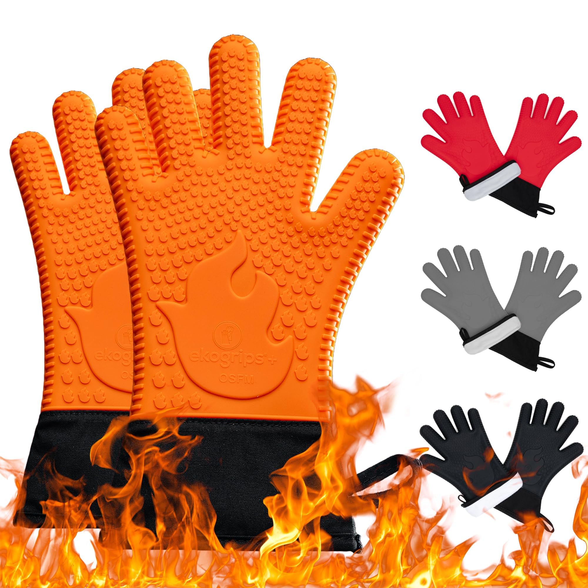 Ekogrips®+ Oven Gloves with Fingers, Comfy Waterproof Heat Resistant Grill Gloves -Long Cuff and Good Dexterity