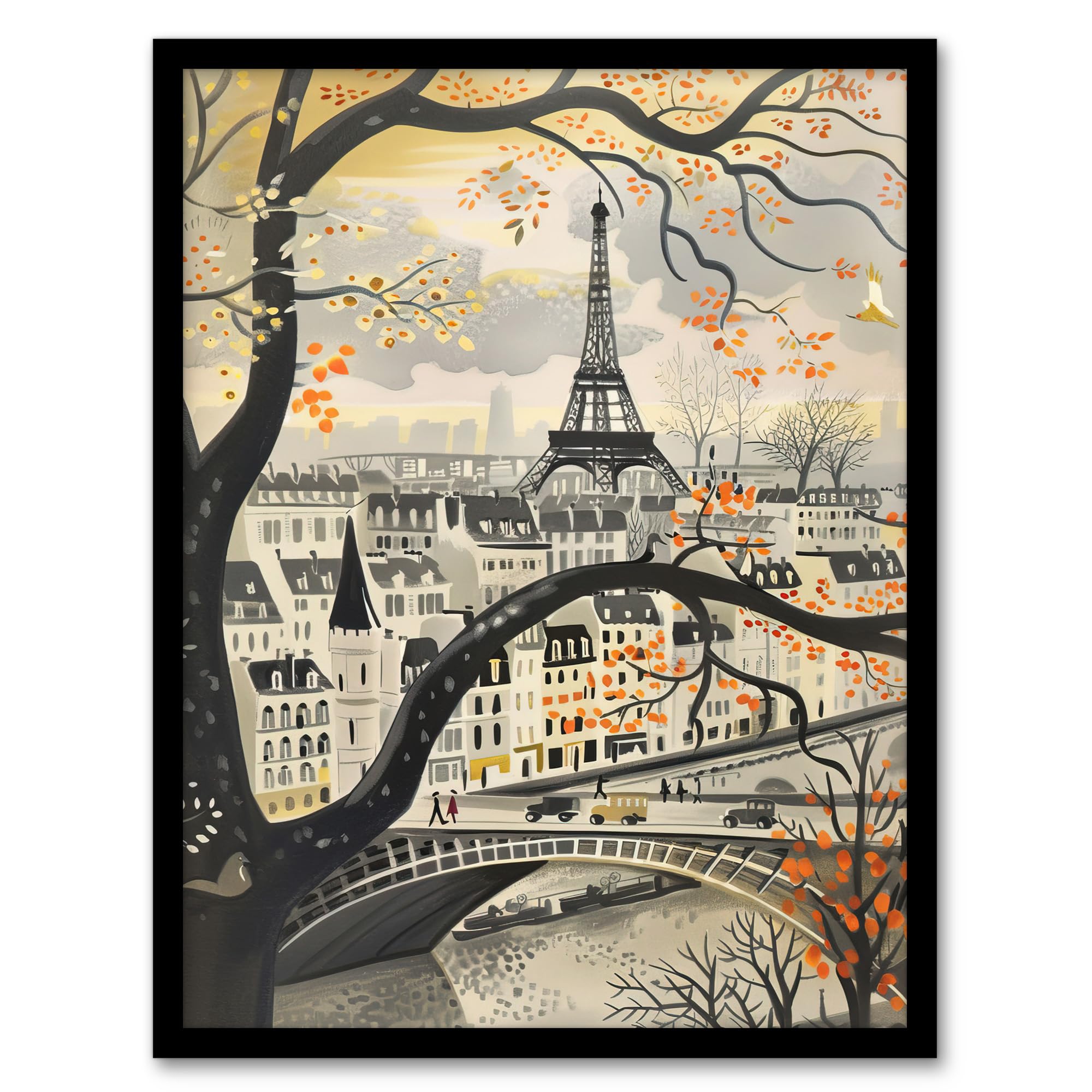 Artery8 Framed A4 Vintage Autumn In Paris Cityscape Eiffel Tower Living Room Artwork Framed Wall Art Print A4