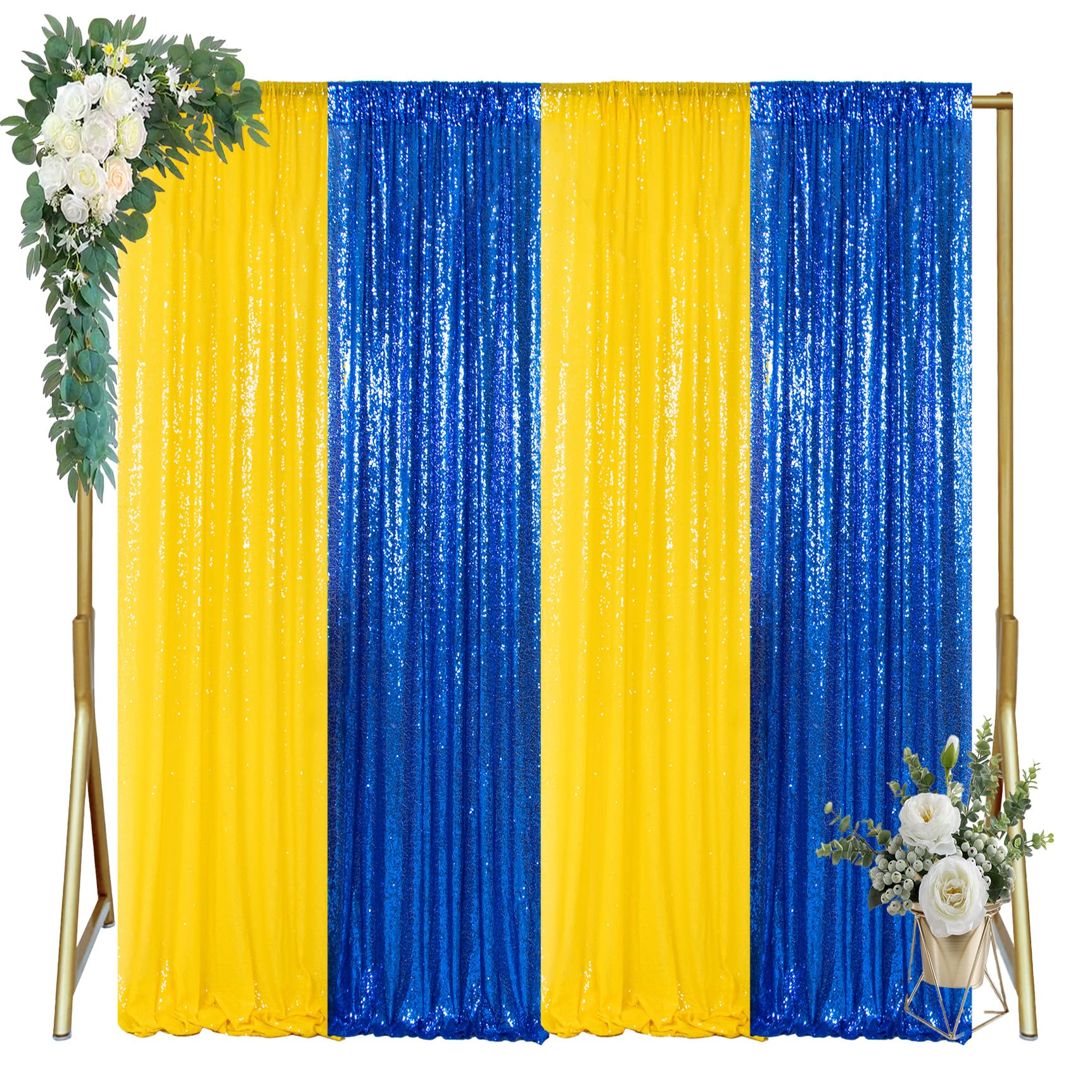 ShinyBeauty Yellow Roral Blue Sequin Backdrop 4 Panels 2FTx8FT Glitter Background Sparkle Curtains Wedding Backdrops Birthday Backdrops for