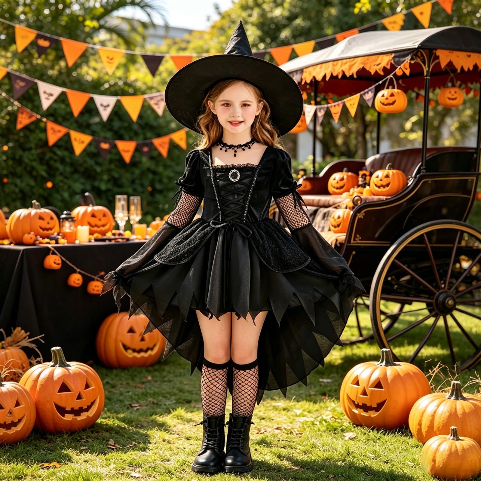 Costume da Malefica Bambina, Costumi da Cosplay Malefica Regina Strega Cattiva Halloween con Vestito Strega, Calze, Cappello da Strega E Collana