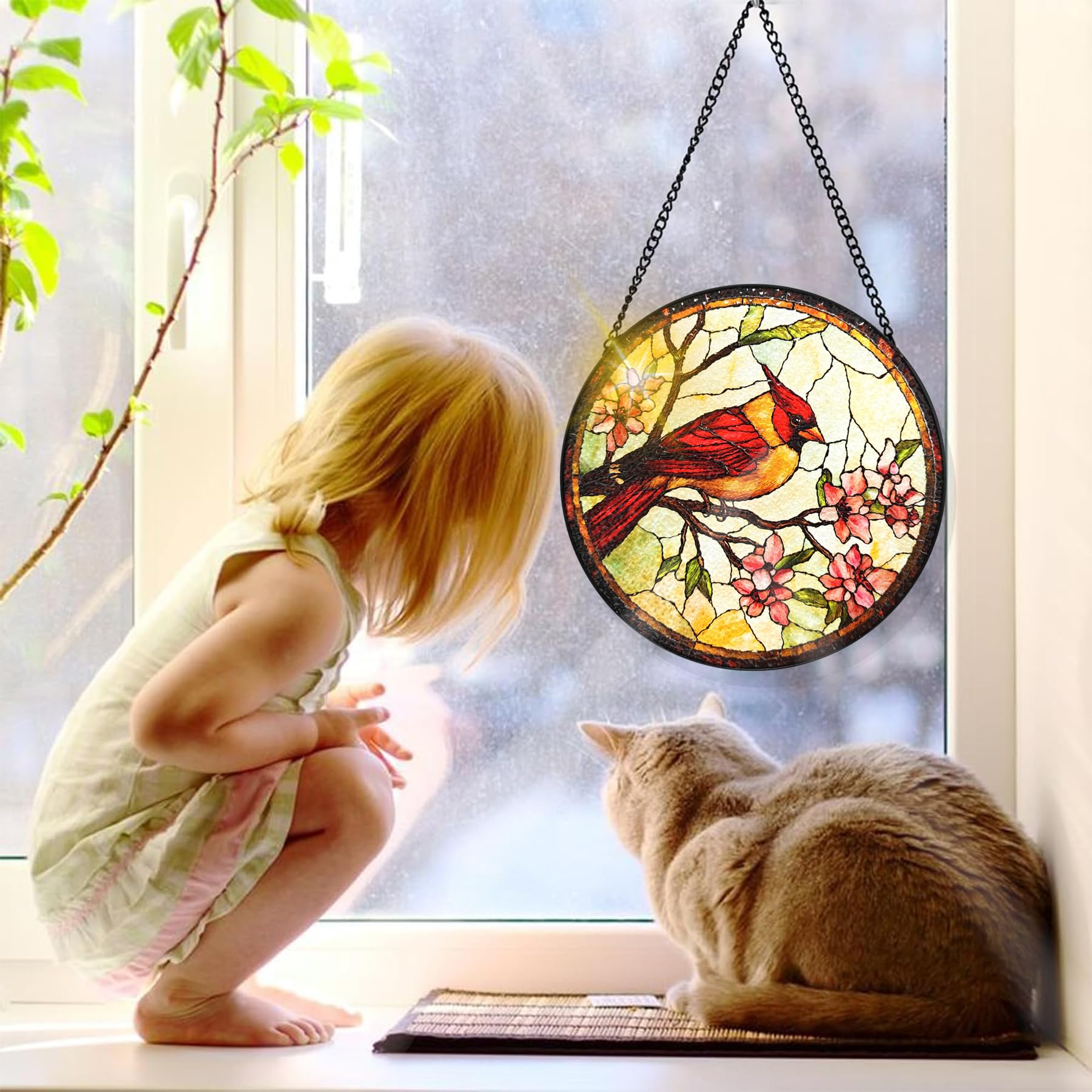 Bimkole Bird Stained Glass Suncatcher Window Hanging, Flowers Design for Indoor Window or Doorway Decoration - Image 4