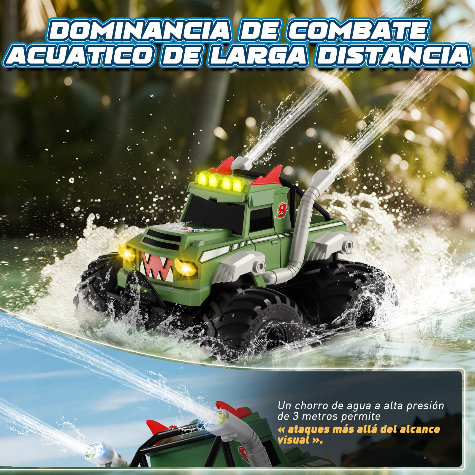 Nitigo Coche Teledirigido - 4WD Monster Truck con Cañón de Agua, 1:16 Coche RC Anfibio con Luces LED 20 Km/h, 2 Baterías Recargables 90 Min de Autonomía, para Niños 6-12 Años y Adultos (Verde)