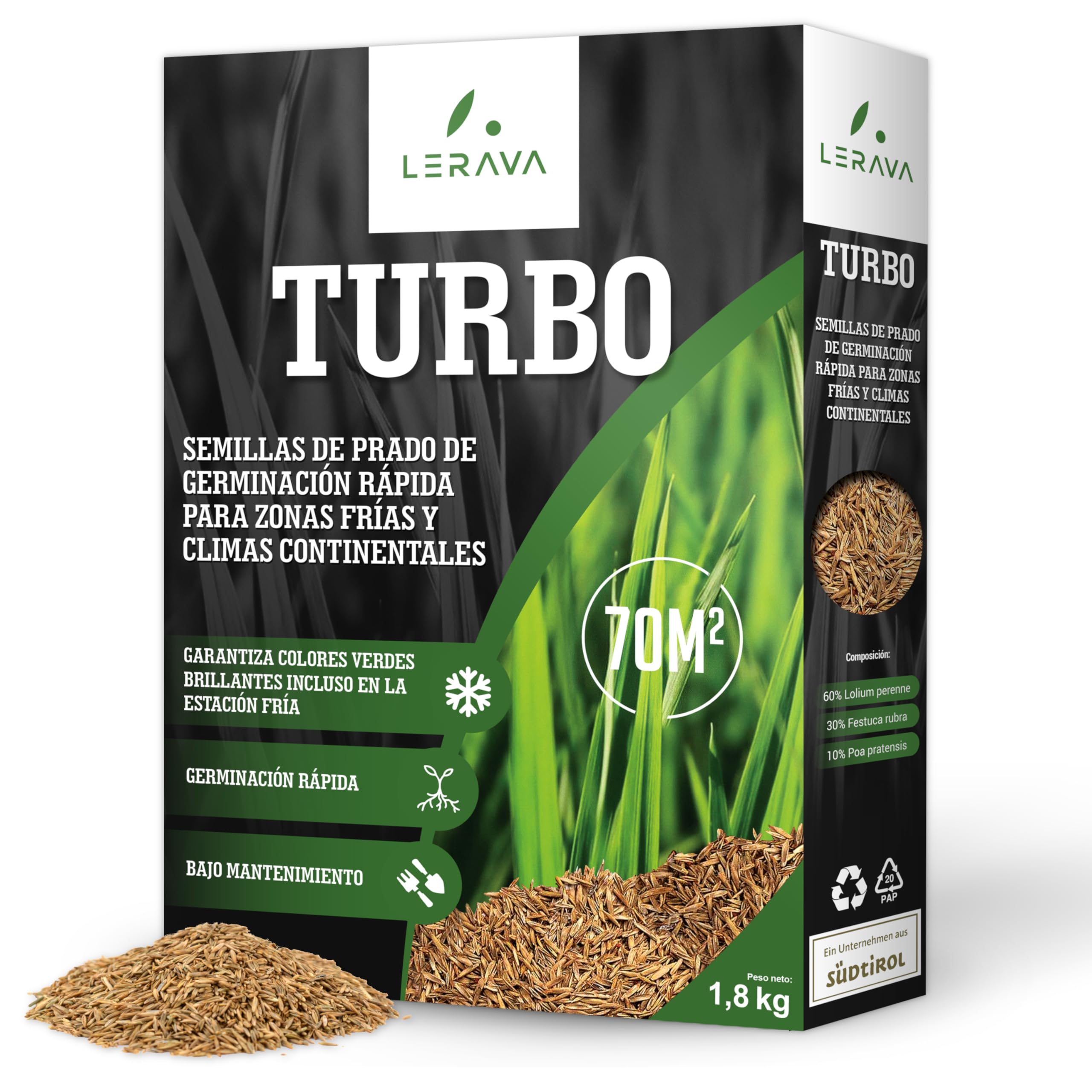Semillas de césped de germinación rápida LERAVA TURBO para un jardín verde de 70 m²