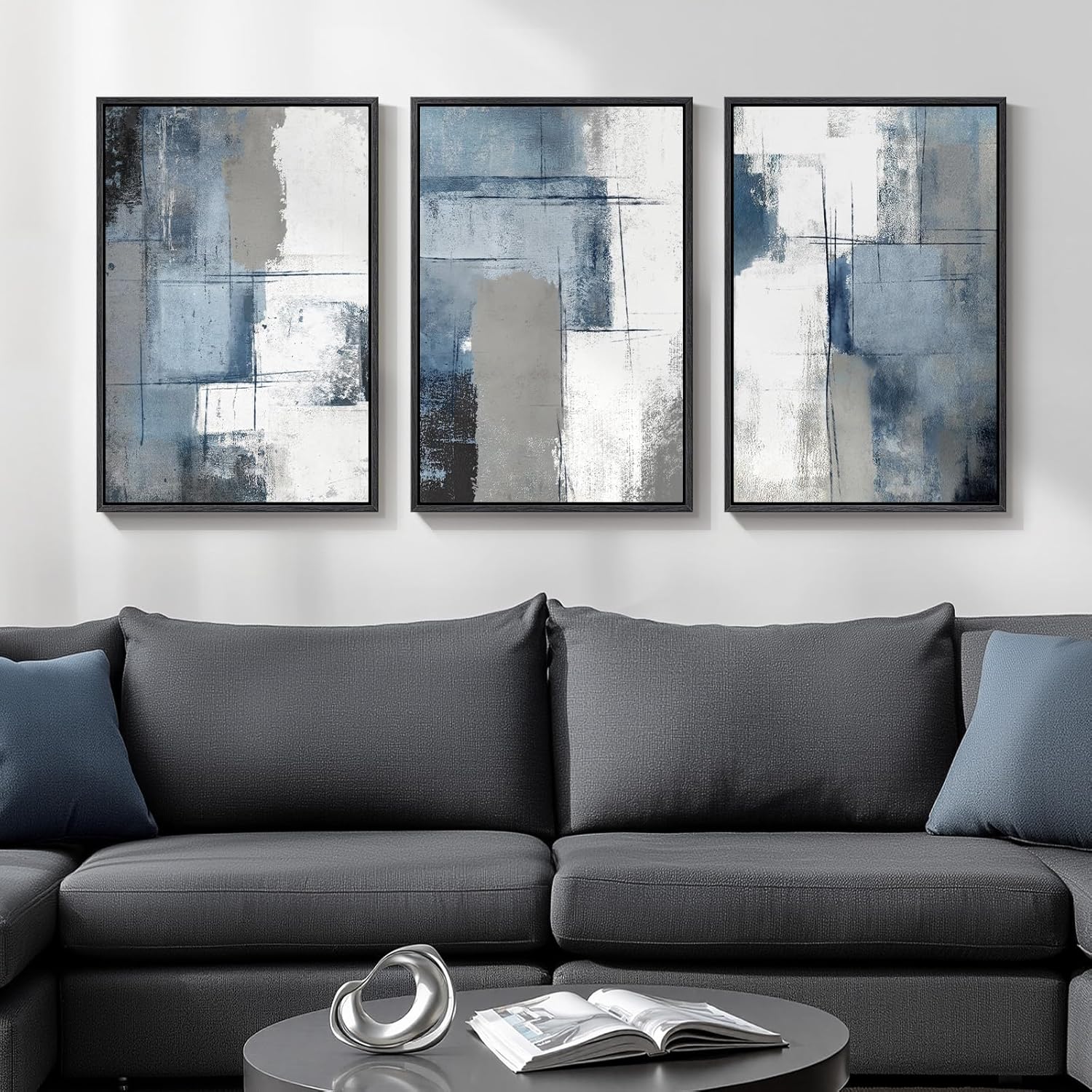 Framed Blue and Grey Abstract Wall Art, 3 Piece Modern Canvas Prints Paintings Artwork for Walls, Minimalist Abstract Block Pictures for Living Room Dining Room Lounge Bedroom Wall Decor 16x24 In