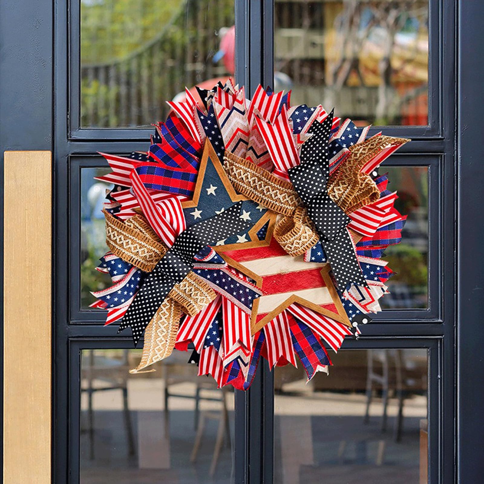 Ghirlanda patriottica del 4 luglio - Tessuto colorato e Ghirlanda Floreale in Legno per Porta d'ingresso - 18x18 Pollici