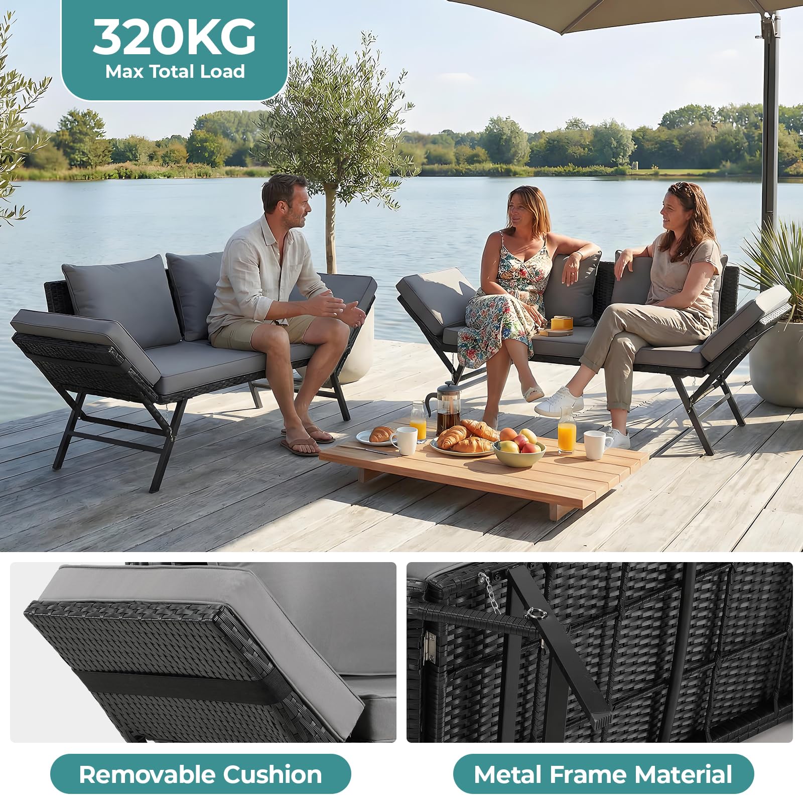 LIFERUN Gartenbank Polyrattan mit Liegefunktion, 2-Sitzer Polyrattan-Möbel, Rattan Gartensofa mit Verstellbare Armlehnen, Gartenbank Wetterfest für Garten, Balkon,Terrasse (Schwarz),2PCS Kissen