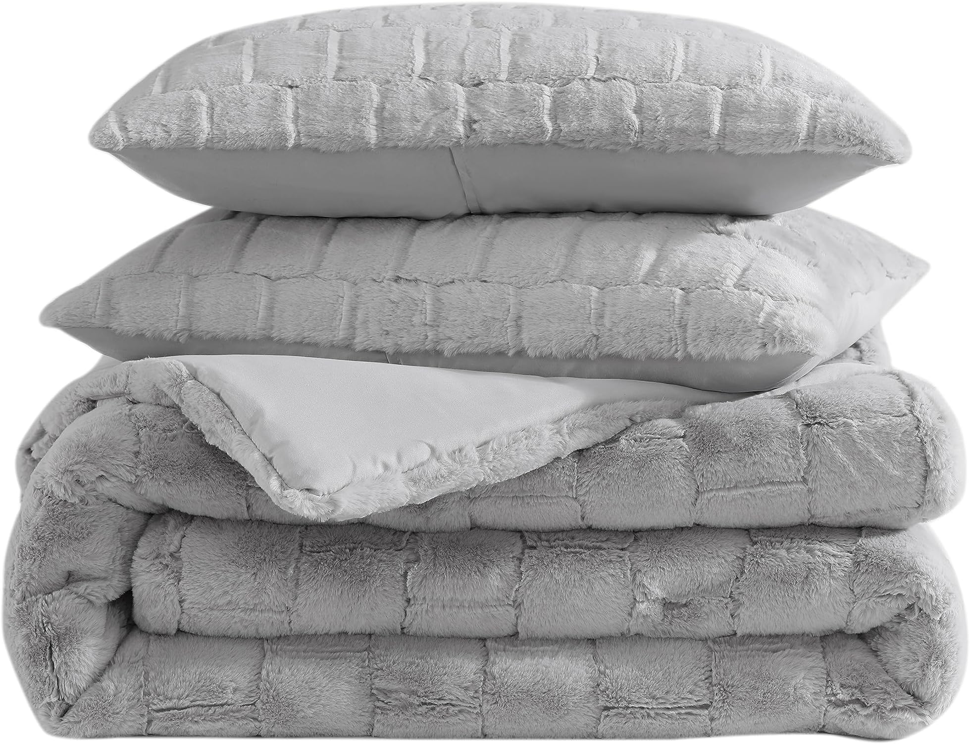 Stassie Home – Trafalgar 3-Piece Comforter Set – Carved Faux Fur Comforter Set – Luxurious Bedding for Style and Comfort - Includes Coordinating Shams (Silver, Queen)