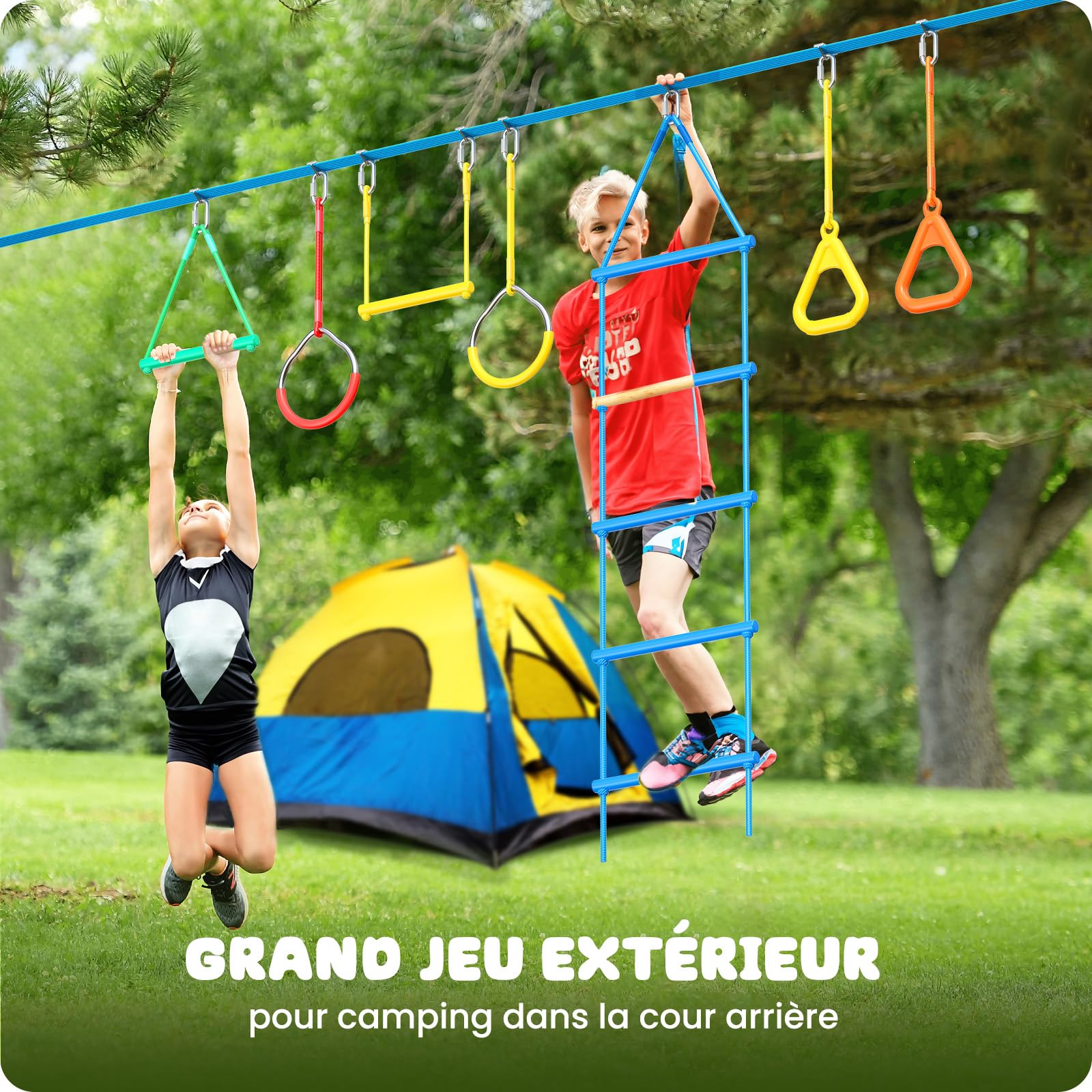 Hapfan Parcours Ninja d'obstacles,15m×2 Slackline avec 8 Obstacles à Suspendre Mixte,Slackline kit Parcours d'obstacles à Suspendre en Plein air,Filet et échelle,Monkey Bar Kit,tyrolienne