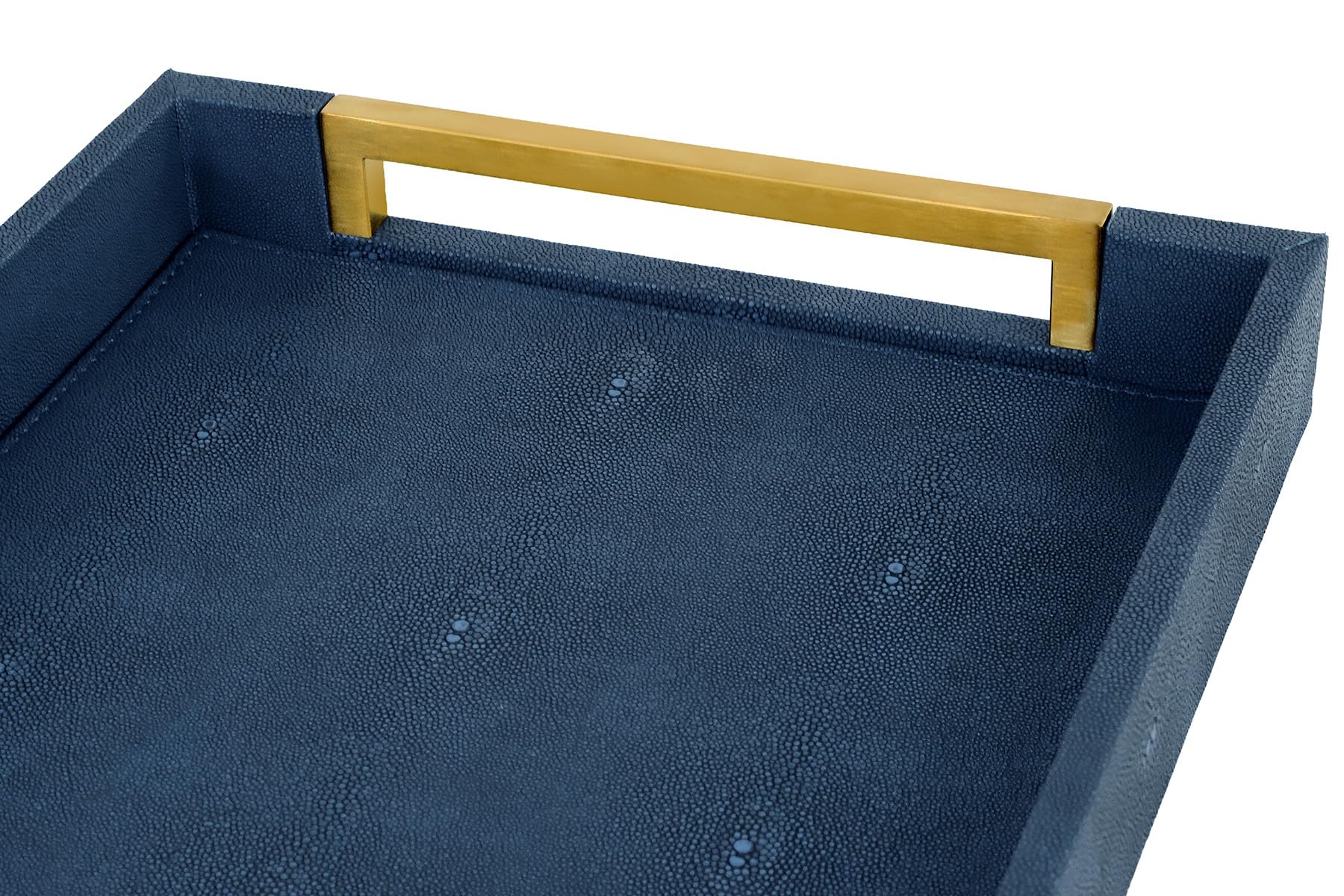 HofferRuffer Plateau de service en similicuir avec poignées en métal doré, élégant plateau de rangement décoratif pour table basse, ottoman, décoration d'intérieur et de service (galuchat bleu, 41,1 x