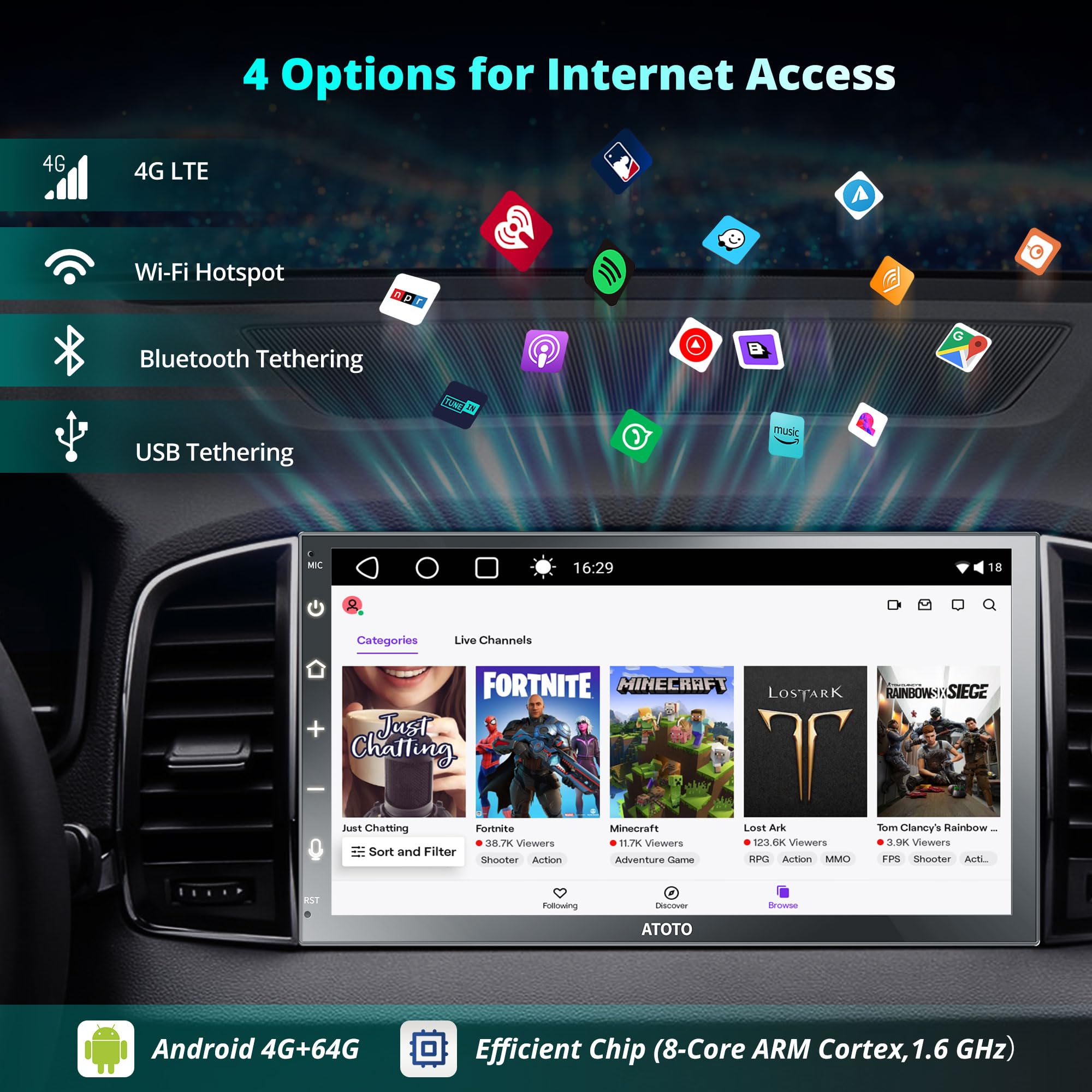 ATOTOZONE A6PL 7-inch QLED Android Double DIN Car Stereo, 4G LTE WiFi, 8-Core 4G+64G, Wireless CarPlay/Android Auto In-Dash Navigation, Dual Bluetooth, MirrorLink, DSP/HDMI Output/FM