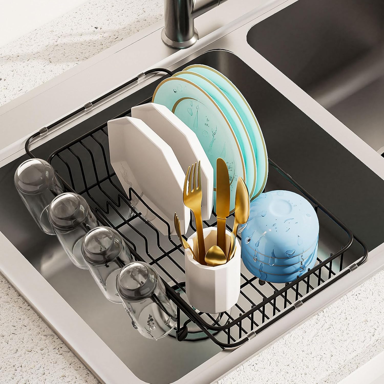AIDERLY Dish Drying Rack in Sink Expandable Stainless Steel Kitchen Dish Drainer with 4 Cup Holders, Black