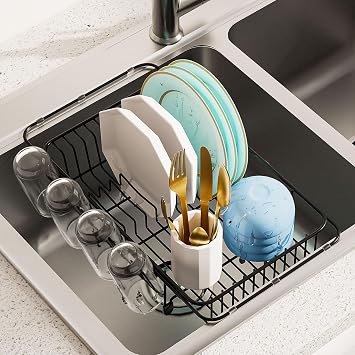 AIDERLY Dish Drying Rack in Sink Expandable Stainless Steel, Black