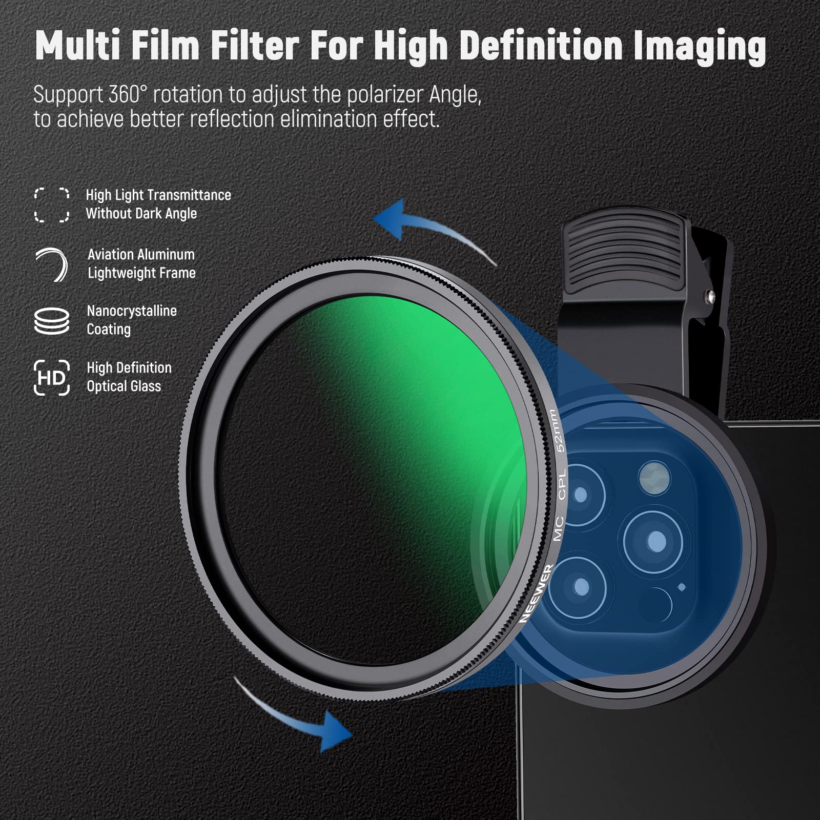 NEEWER Filtr CPL 52 mm do telefonu, klips na okrągły filtr polaryzacyjny z klipsem do telefonu, etui do przechowywania i ściereczka do czyszczenia, kompatybilny z iPhone Samsung Galaxy Android DSLR