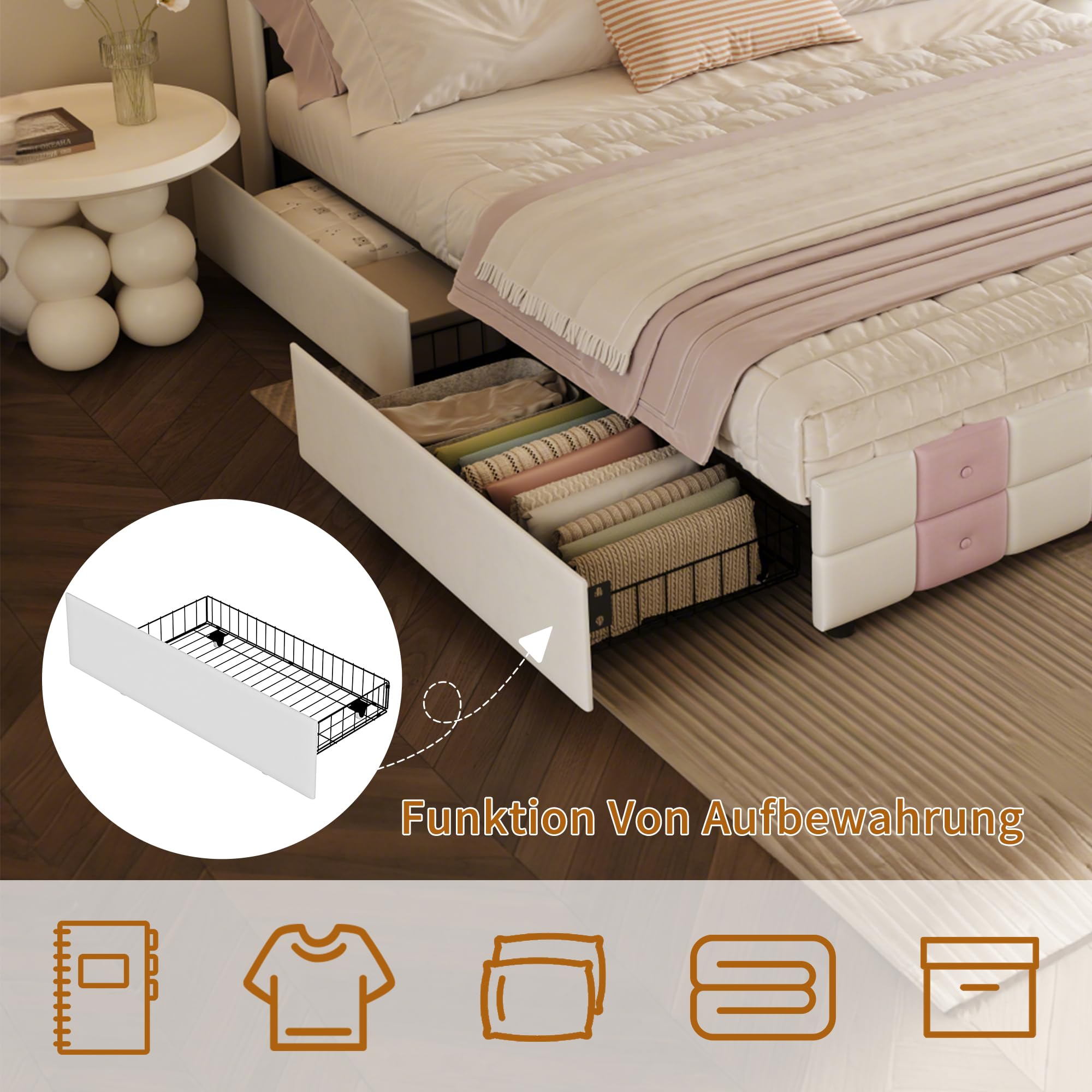 CDQL Łóżko tapicerowane 140 x 190 cm z 4 szufladami, zagłówek ze złączem USB i oświetleniem LED, podwójne łóżko ze stelażem, łóżko dla dziewczynki, łóżko funkcyjne, aksamitne, białe i różowe