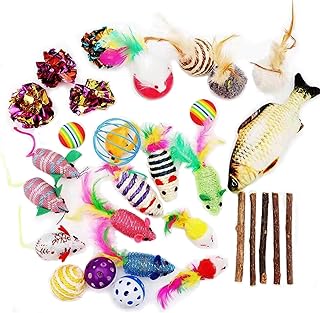 30Pcs Cat Toys Kitten Catnip Toys Assorted, Fish, Interactive Feather Teaser, Fluffy Mouse, Crinkle Rainbow Balls Bells Toys for Puppy Kitty
