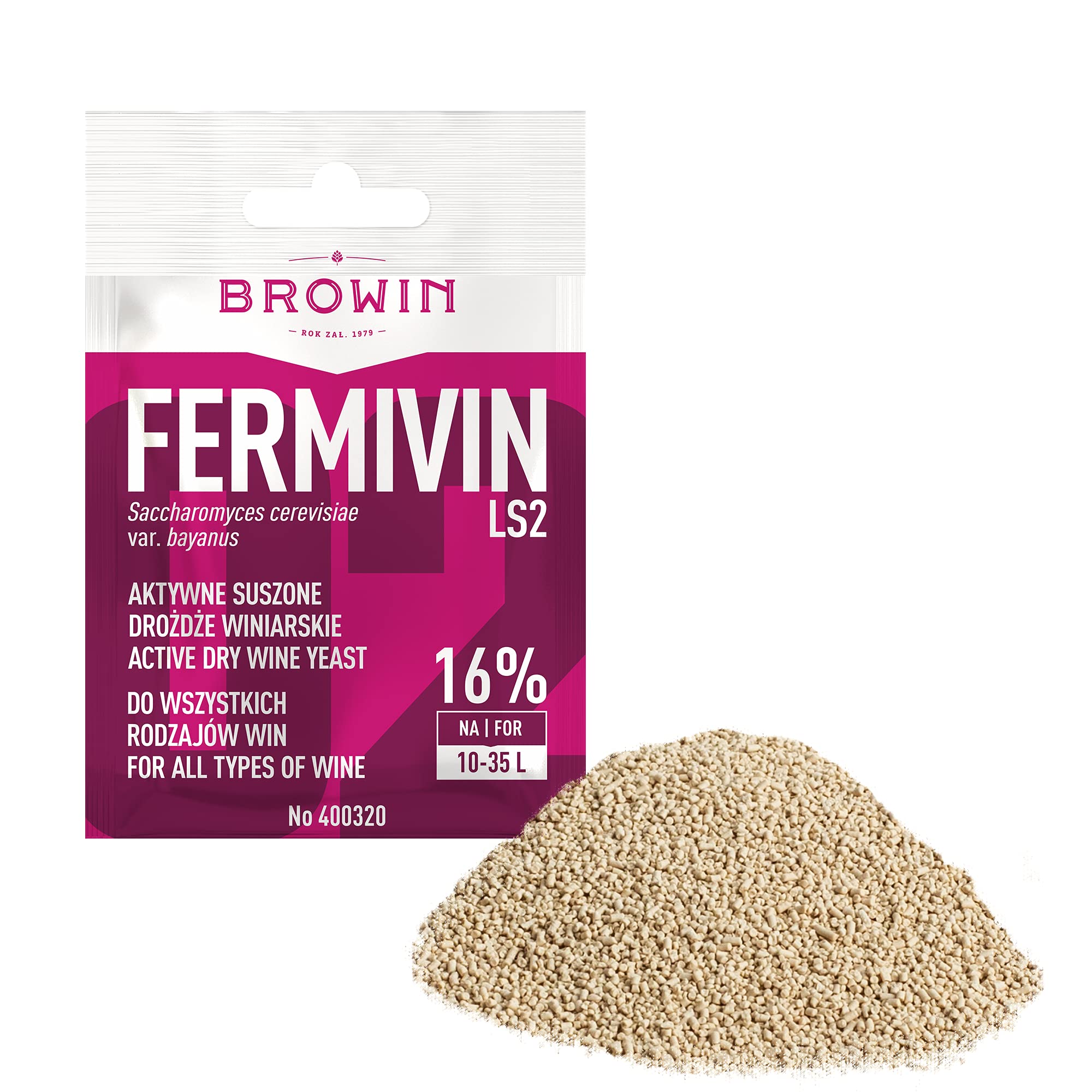 Browin 400320 FERMIVIN LS2 levadura Seca Activa Universal - para vinos Blancos, tintos, Rosados y espumosos con un Grado de Alcohol de hasta 16%, para 10-35 L de Lote, 7 g