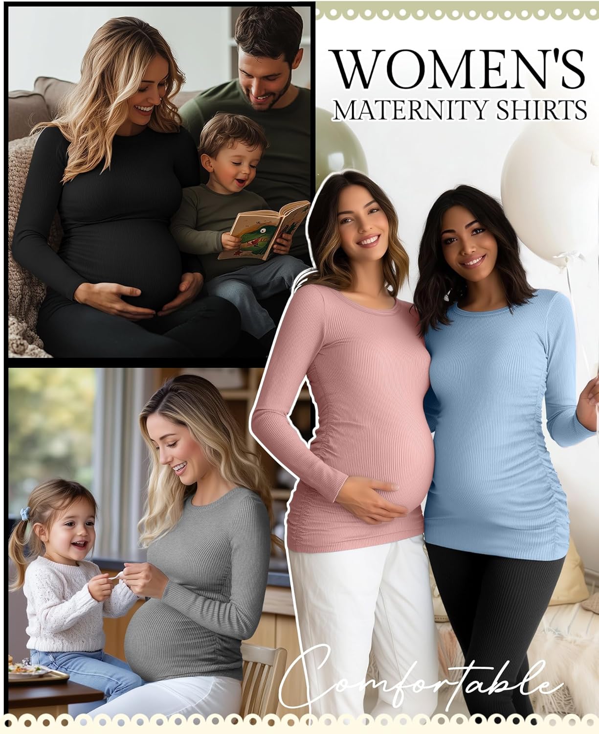 Ficerd 4 Pack Women's Maternity Shirts Cotton Long Sleeve Ribbed Crew Neck Pregnancy Tops Side Ruched Casual Mama Clothes - Image 5