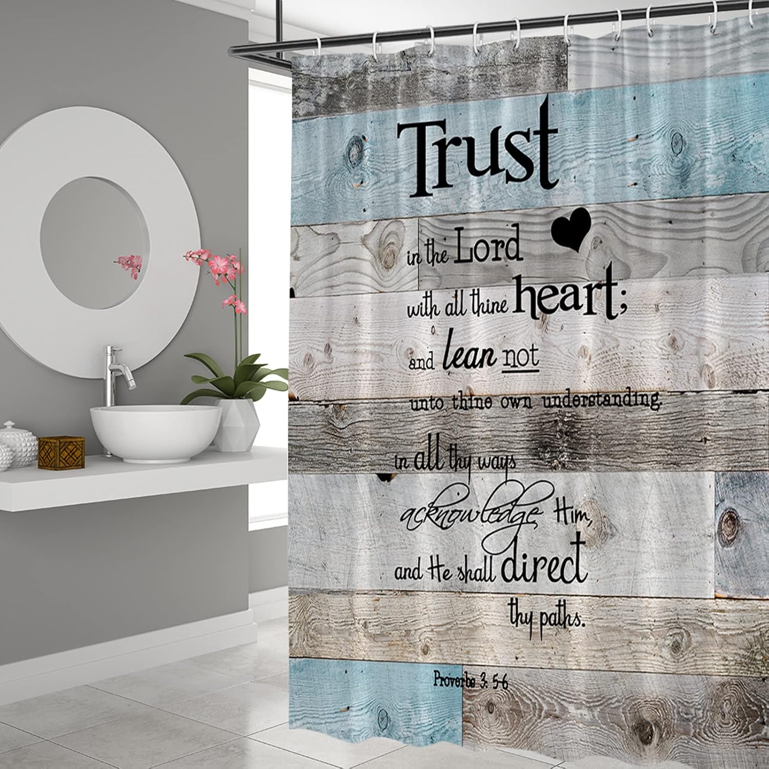 Inspirational Quote Shower Curtain Rustic Farmhouse Wooden Plank Motivational Word Proverb Gray Blue Brown Vintage Barn Door Decor Fabric Bathroom Set with Hooks 84Wx70H Inch
