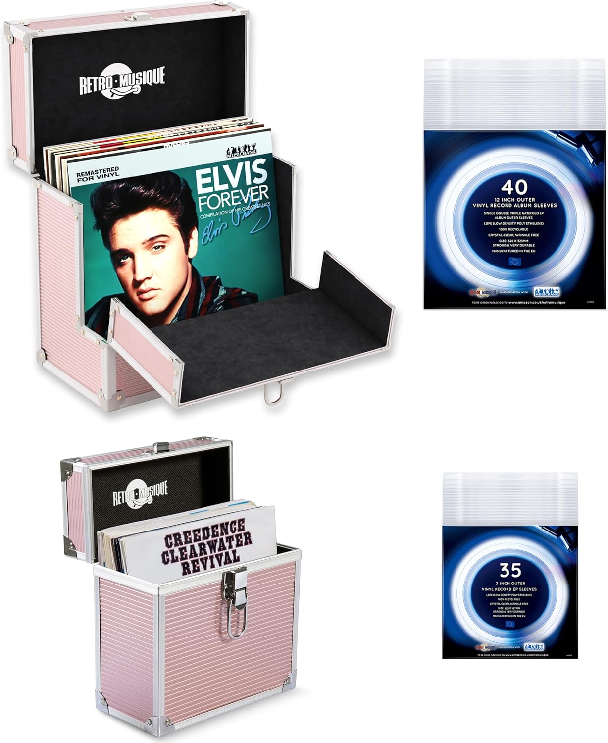 Aluminium 12" Vinyl Record Storage Case with Unique Folding Front Flap for Better Access to Your LPs,Holds up to 40 LPs,(in PVC Sleeves) includes 40 Vinyl Record Outer Sleeves, Rose Gold