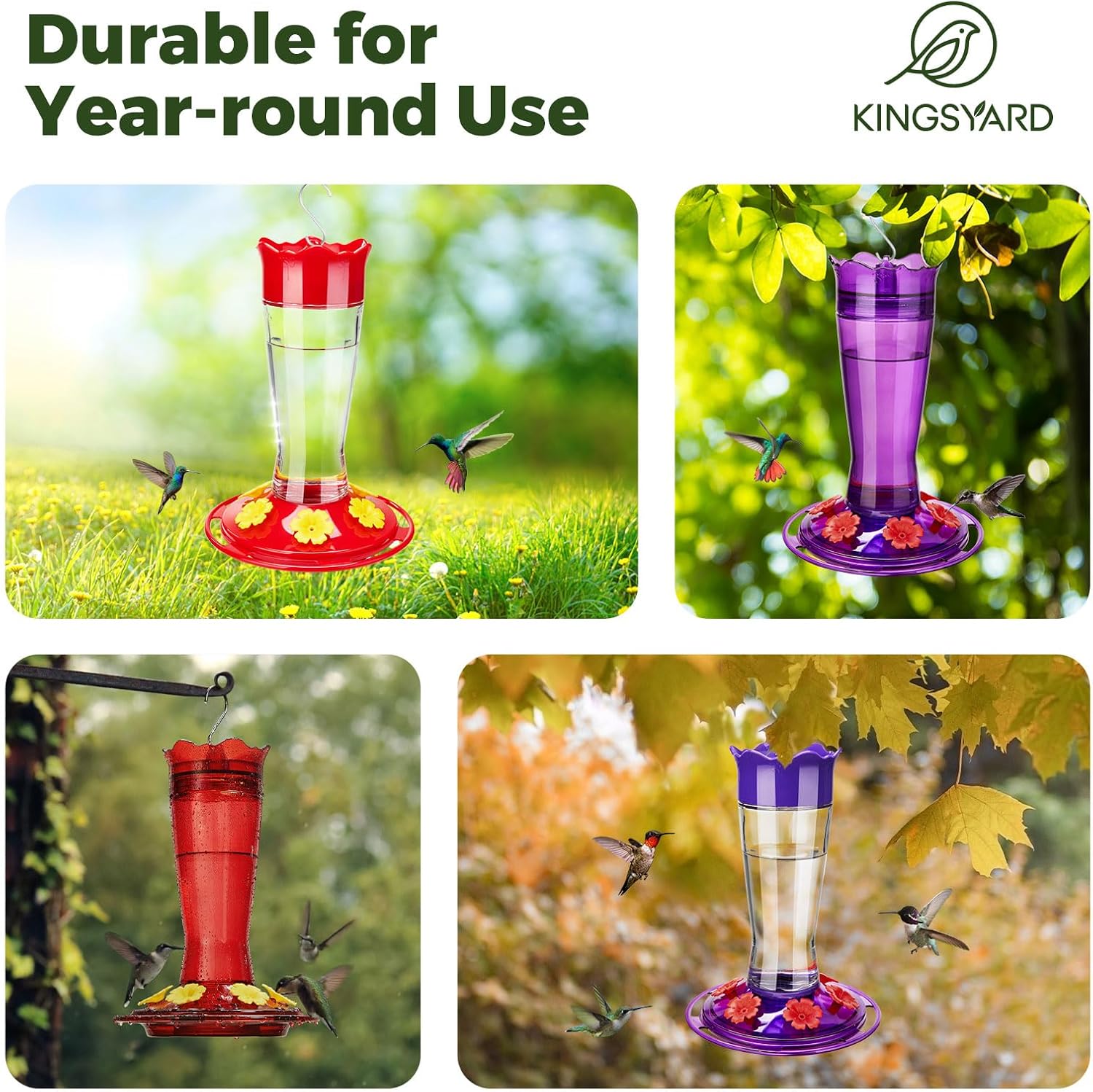 Kingsyard 2-Pack Glass Hummingbird Feeder for Outdoors Hanging, 14 oz Leak-Proof Humming Bird Feeders with Ant Moat & Bee Proof Feeding Ports, Hummingbird Gift for Bird Lovers (Red)