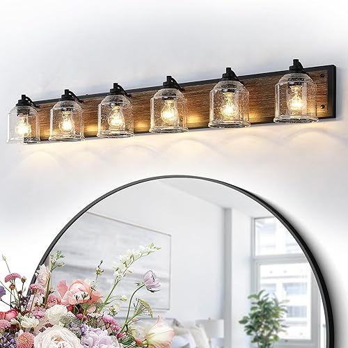 Vista 17 de Luces de tocador para baño grandes de 31.5", lámpara de tocador rústica de granja con pantallas de vidrio burbuja, gris, accesorio de iluminación