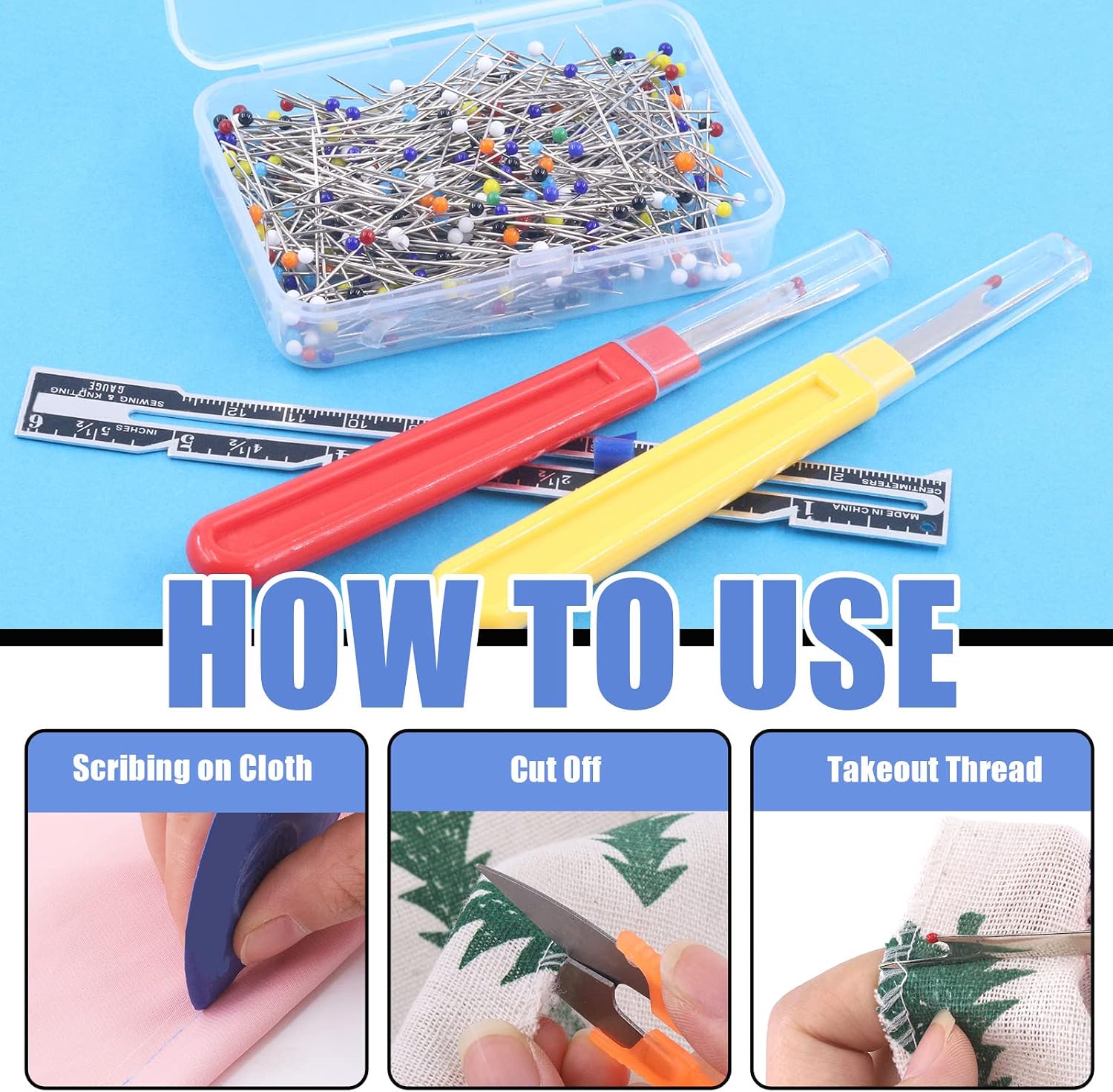 Glarks 508Pcs Sewing Seam Rippers Kit Including 4Pcs Big & Small Seam Rippers, 500Pcs Sewing Pins, 2Pcs Thread Snips, 1Pc Tape Measure and Sliding Gauge for Craft and Sewing Tool