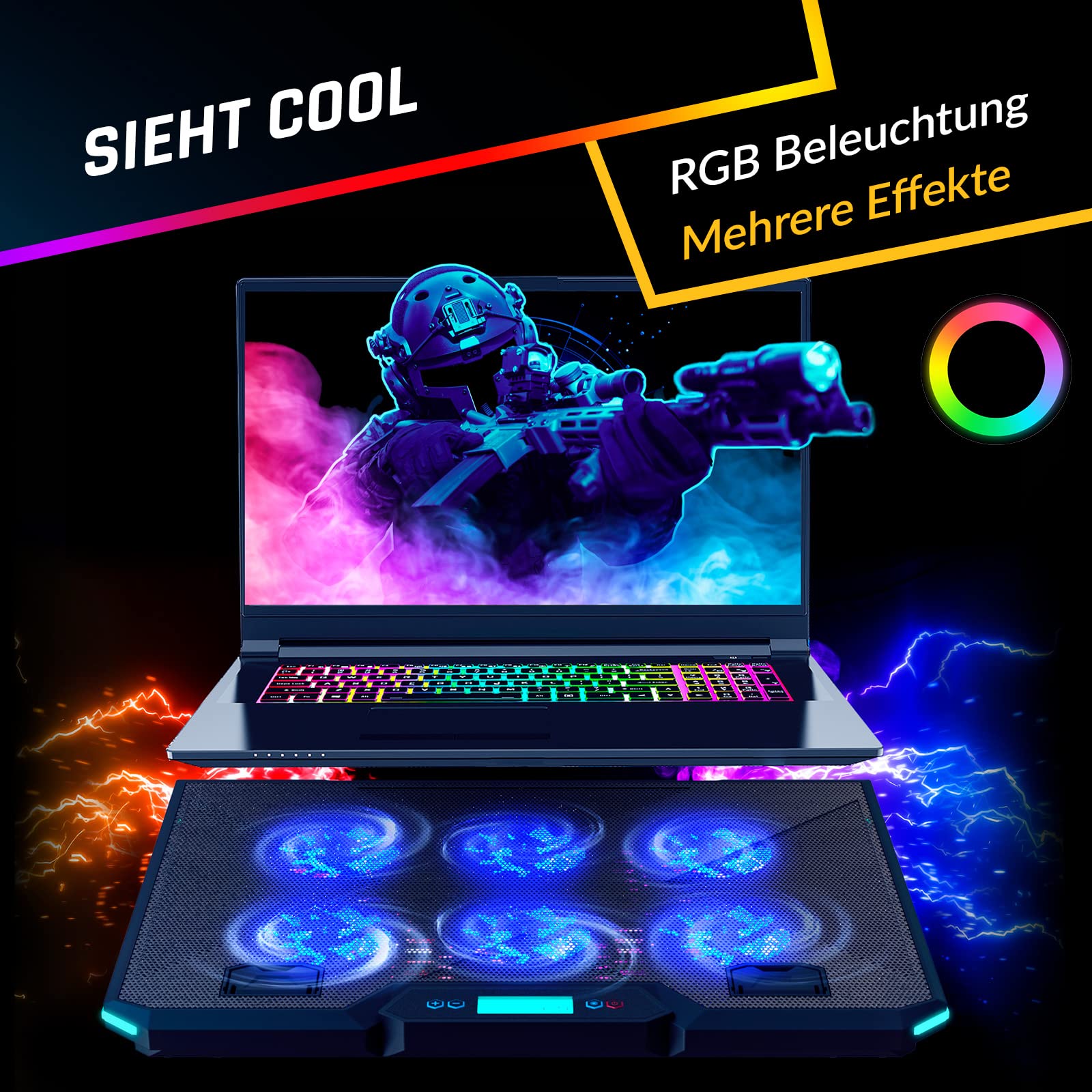 KLIM Glacier Laptop Kühler - Fans Laptops Kühler Stand mit RGB-Hintergrundbeleuchtung - 11" - 17" - Gaming Laptop Lüfter - USB Powered - Stabil und leise - Für PC, Mac, Xbox One, PS4