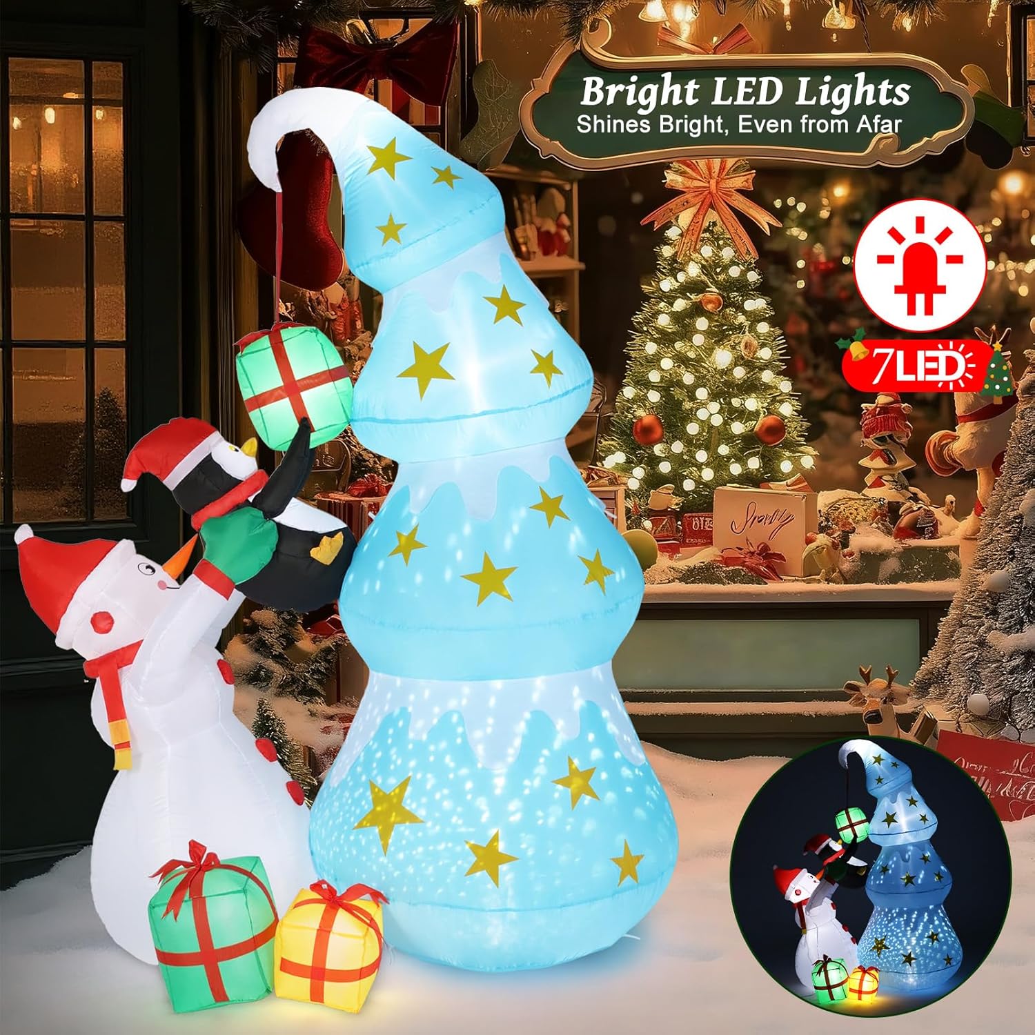 Christmas Inflatables Decorations Outdoor, 8FT Christmas Tree with Snowman & Penguin, Blow Up Winter Tree with Built-in LED Lights, Inflatable Yard Decor for Xmas Garden Lawn Party