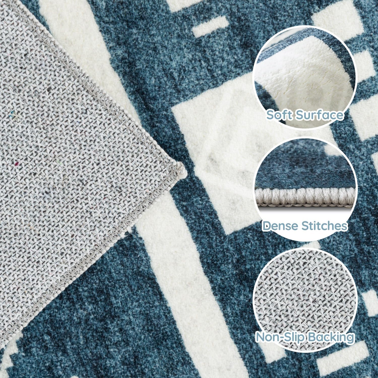 Loartee Geometric Moroccan Area Rug - 4x6 Machine Washable Mat, Stain Resistant, Low Pile Softer Texture Modern Carpet, Blue