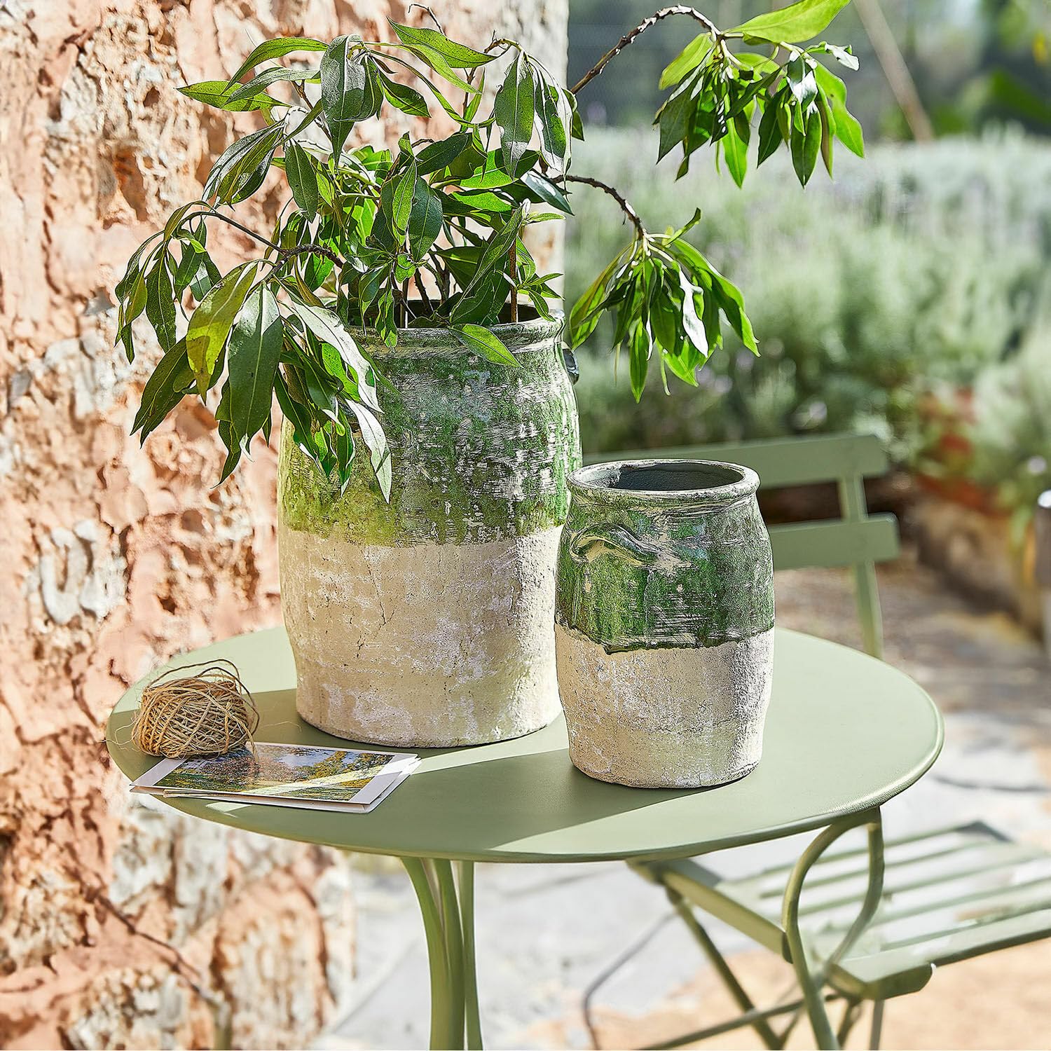 Loberon Reefton Lot de 2 vases - en Terre Cuite - Partiellement émaillé à la Main, Vert Vieilli