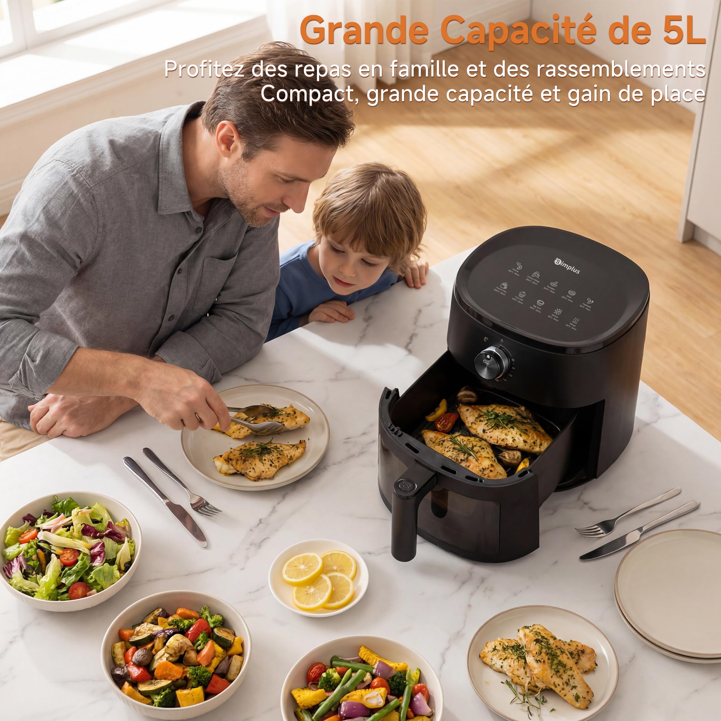 SIMPLUS Air Fryer 5L avec Fenêtre Visible, Friteuse sans Huile 1300W, 10 Menus Guidés, Contrôle par Molette, Compacte, 43dB Silencieuse, Cuisson Vapeur, 60-200°C, Jusqu'à 2-5 Personnes, Noir