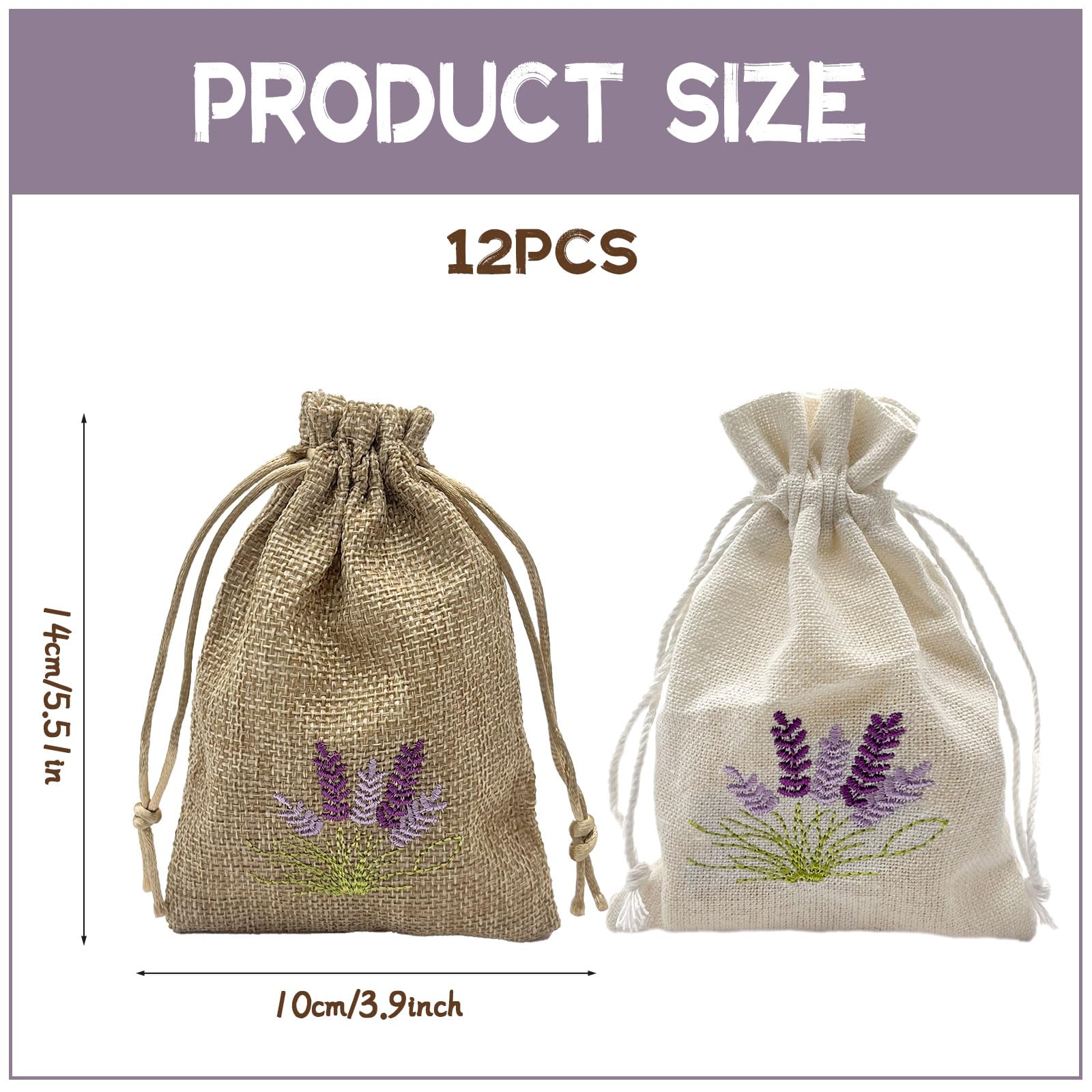 Lot de 12 sachets de lavande vides à remplir, avec cordon de serrage, coton et lin, pour bijoux, épices, herbes