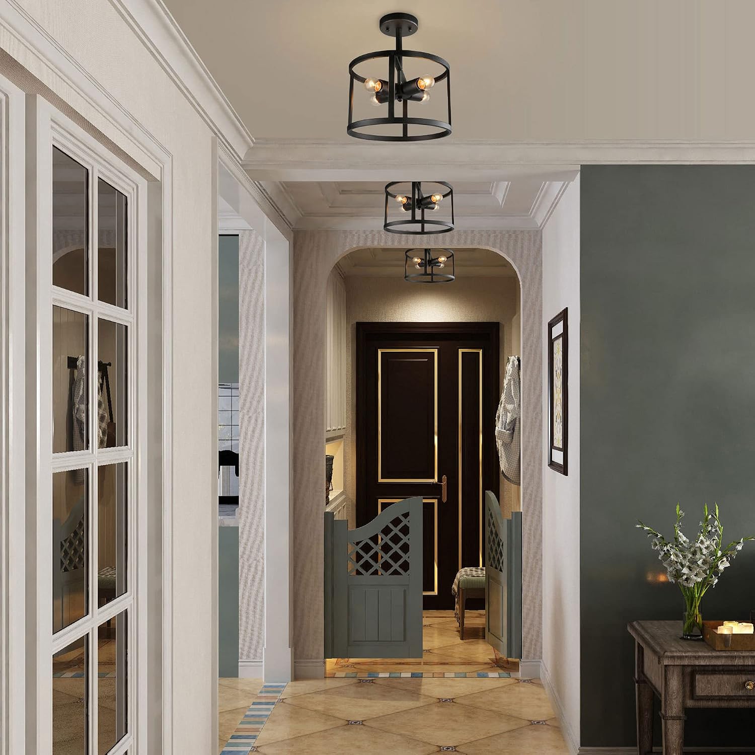 Buу 1 gеt 1 🔥 LNC Black Semi Flush Mount Ceiling Light, Modern Farmhouse Drum Cage Light Fixture for Kitchen, Hallway, Living Room and Bedroom