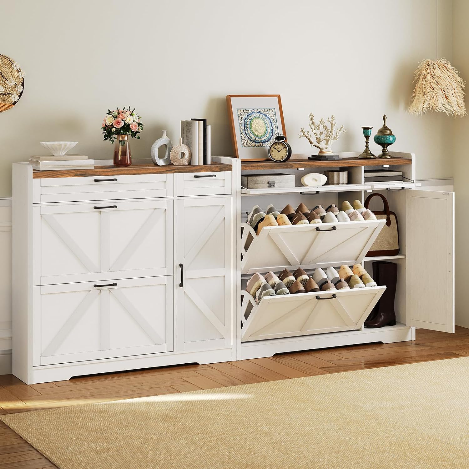 HOOBRO Shoe Cabinet for Entryway, Shoe Organizer Cabinet, Freestanding Shoe Organizer with 2 Flip Drawers, Narrow Shoe Cabinet with Adjustable Side Cabinet, Farmhouse, White and Walnut WH106SC01G1